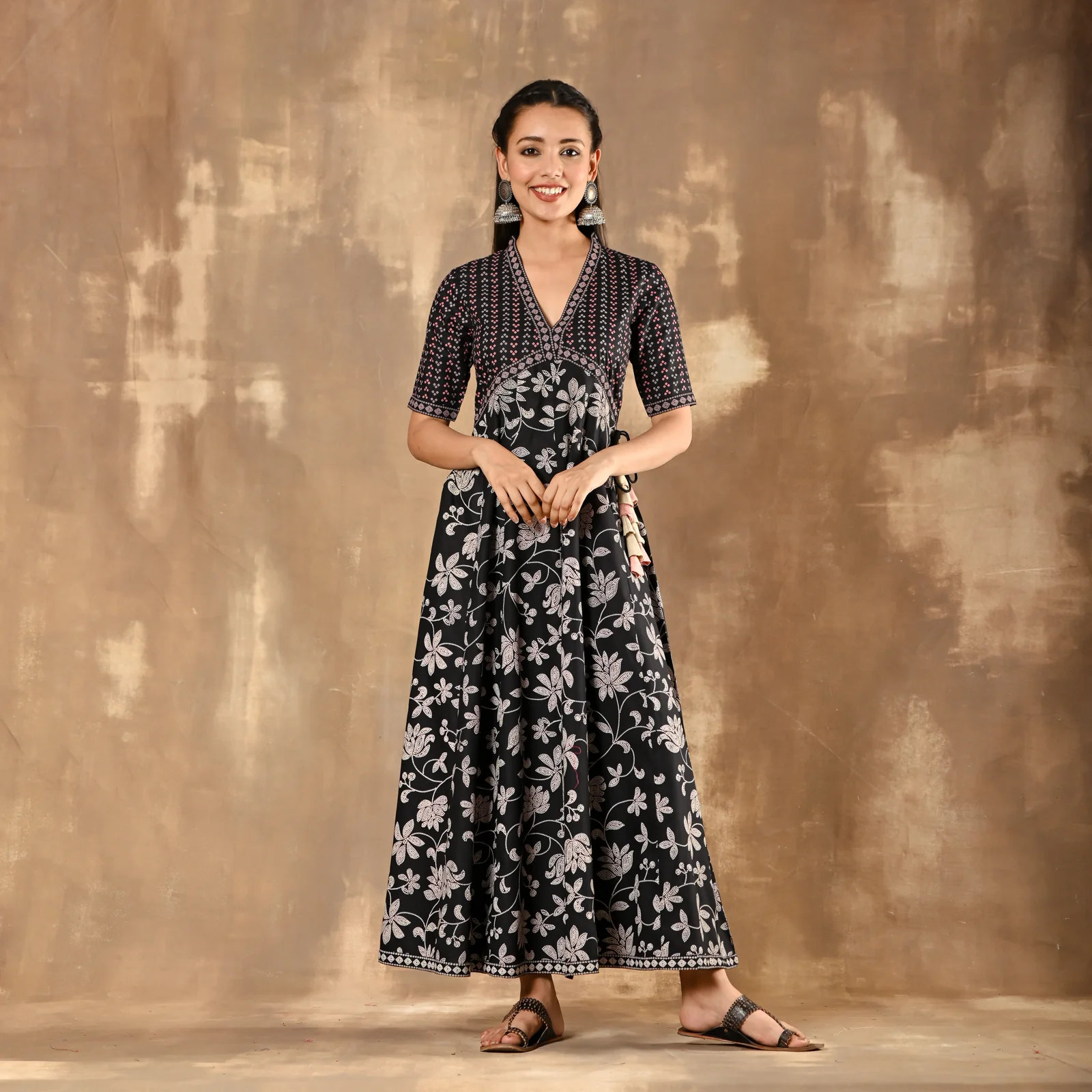 Black Bandhani Inspired Floral Dress - Image 4