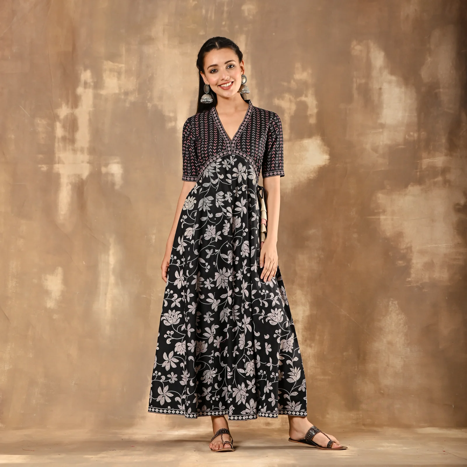 Black Bandhani Inspired Floral Dress - Image 5