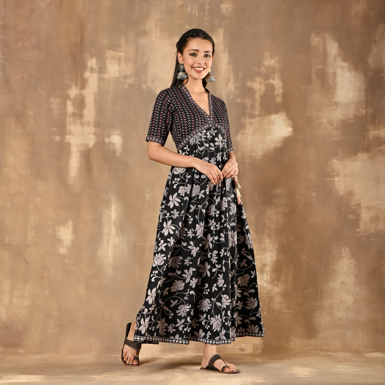 Black Bandhani Inspired Floral Dress - Image 6