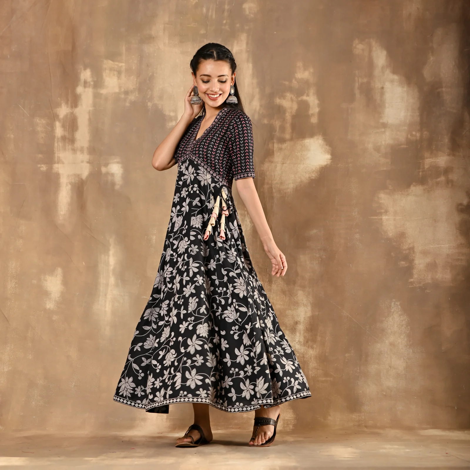 Black Bandhani Inspired Floral Dress - Image 7