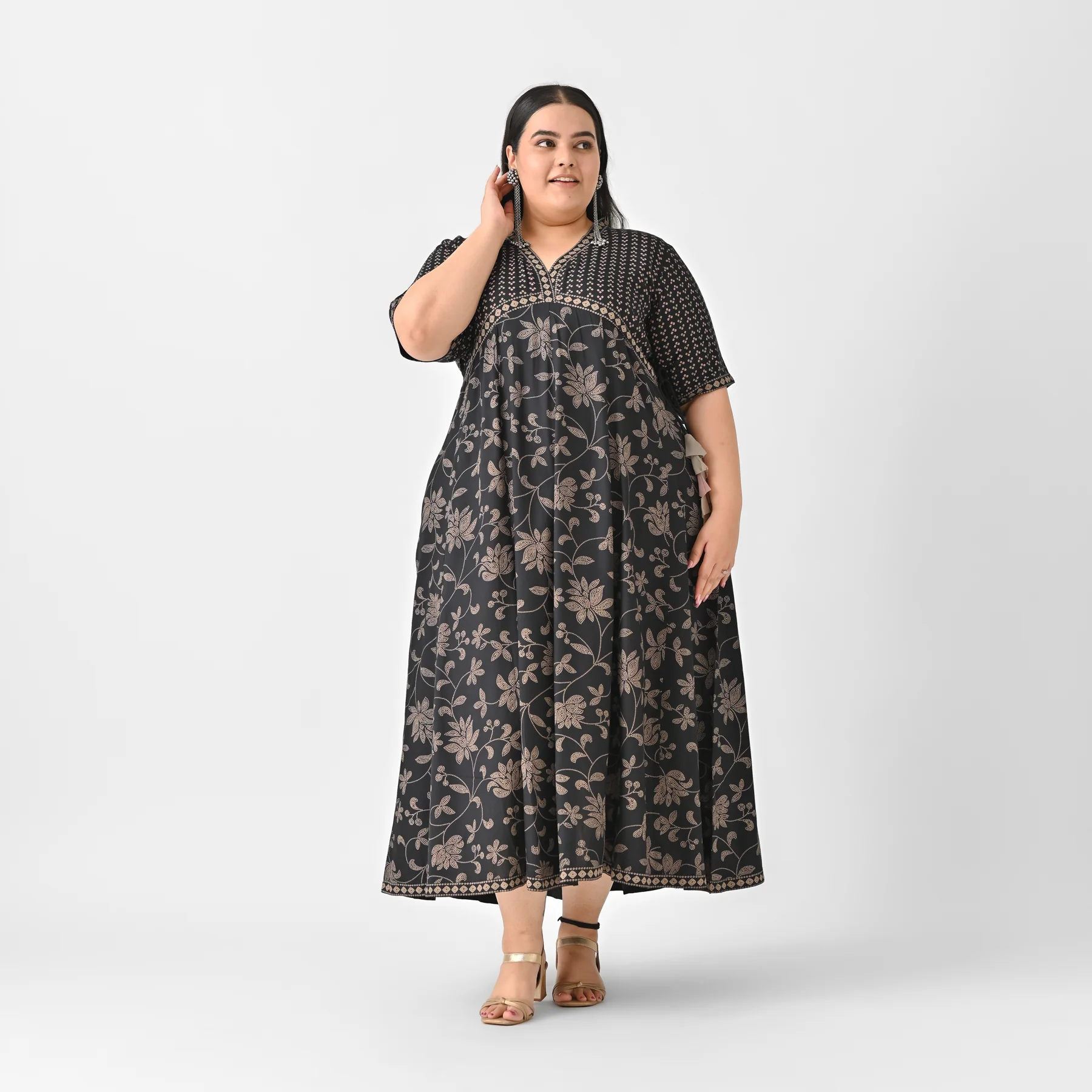 Black Bandhani Inspired Floral Dress - SOM - Image 3
