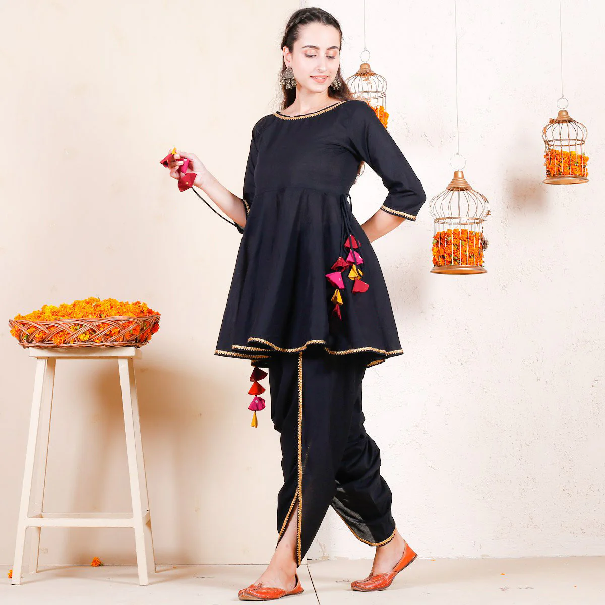 Black Dhoti Peplum Top Set with Multicolour Tassels - Image 3