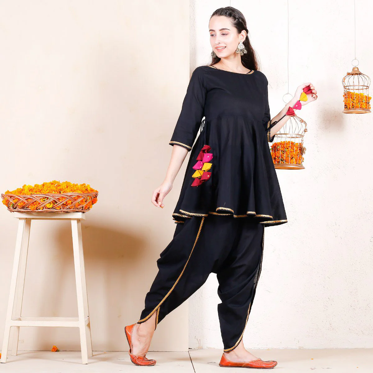 Black Dhoti Peplum Top Set with Multicolour Tassels - Image 4