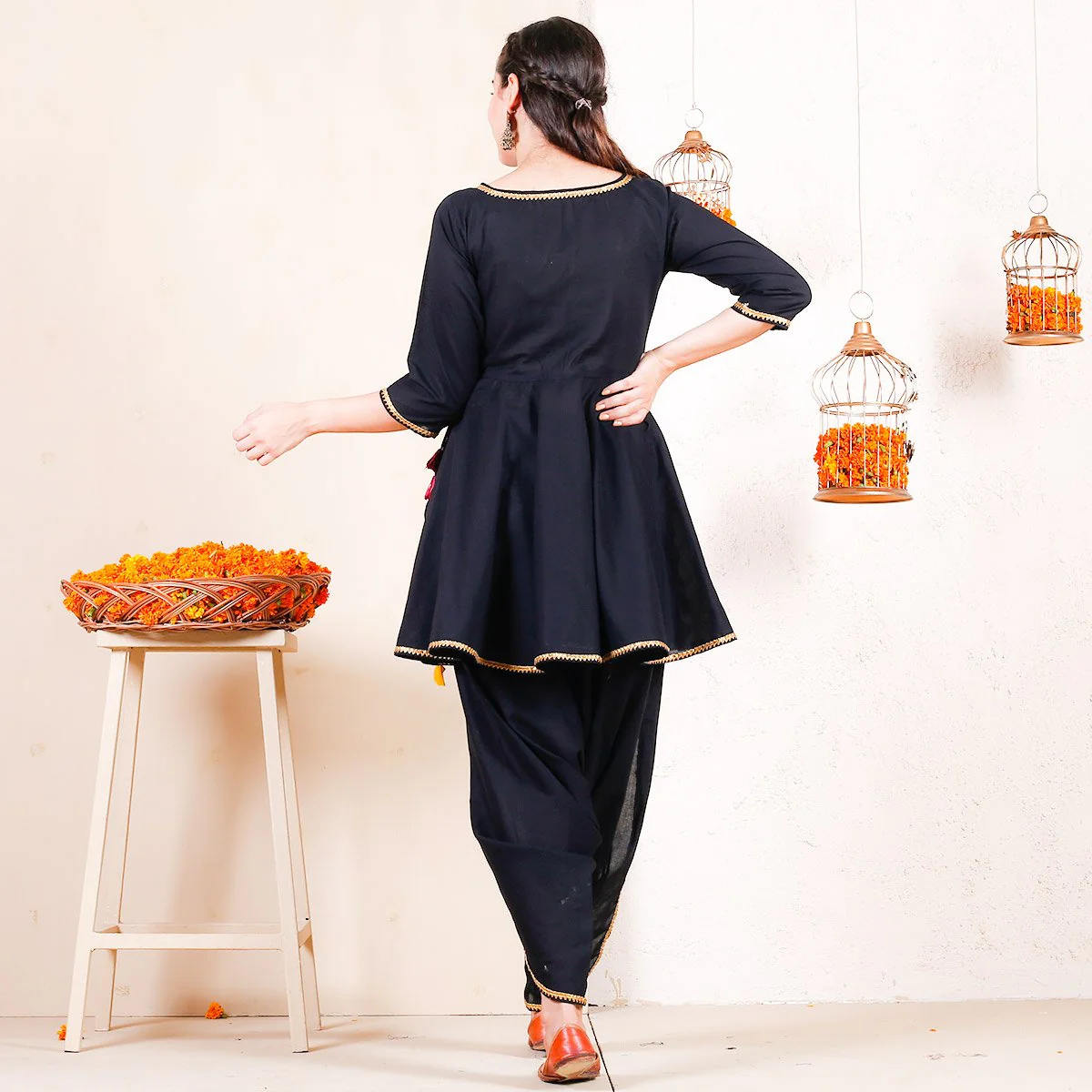 Black Dhoti Peplum Top Set with Multicolour Tassels - Image 5