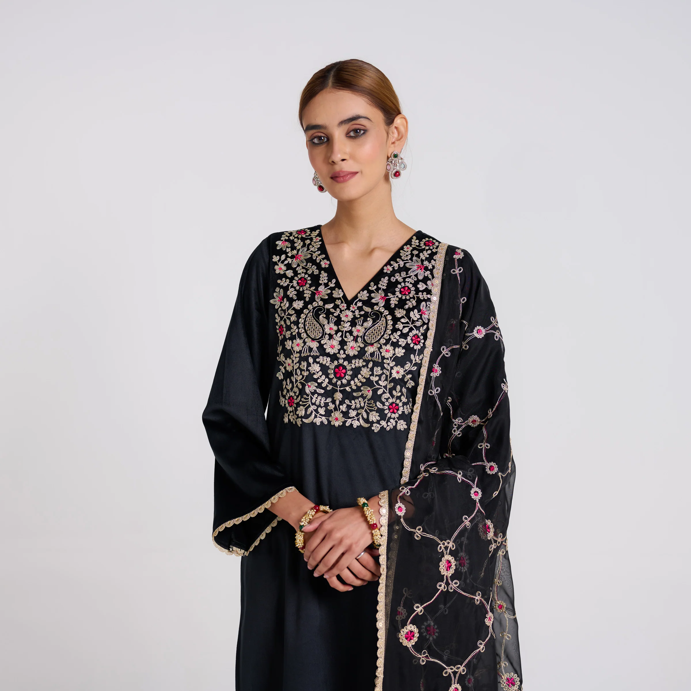 Black Embroidered Gulzaar Velvet Set with Dupatta - Image 3