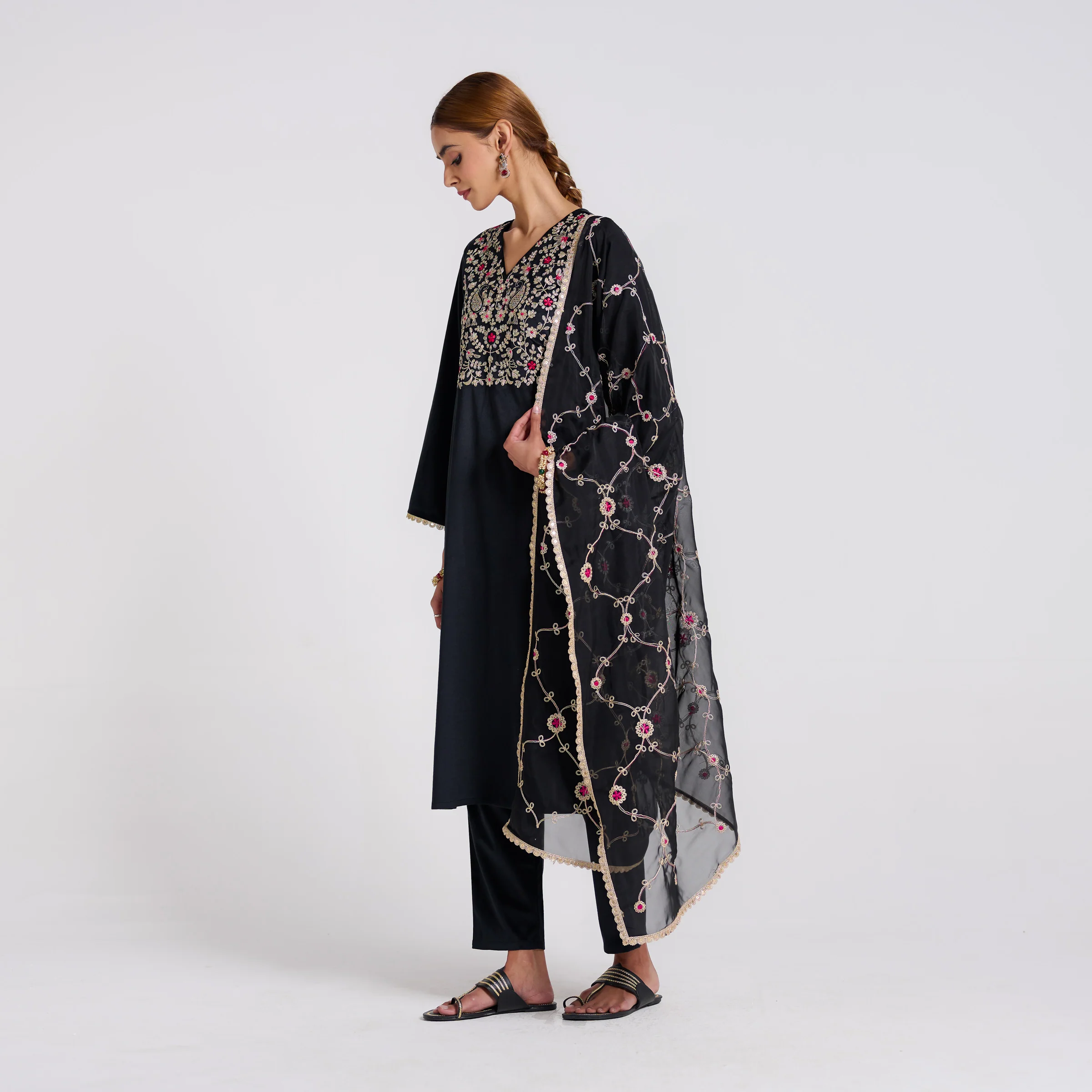 Black Embroidered Gulzaar Velvet Set with Dupatta - Image 4