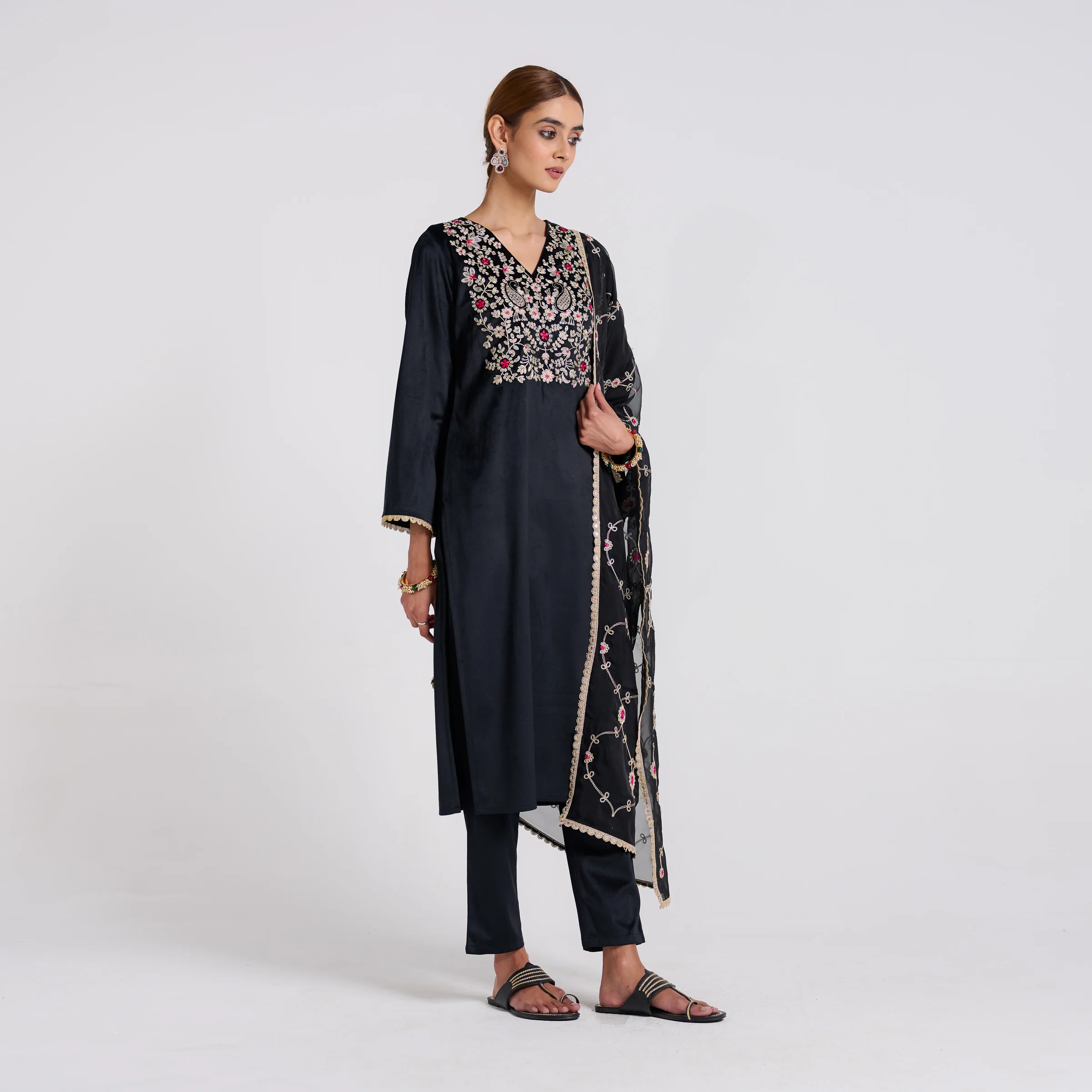 Black Embroidered Gulzaar Velvet Set with Dupatta - Image 5