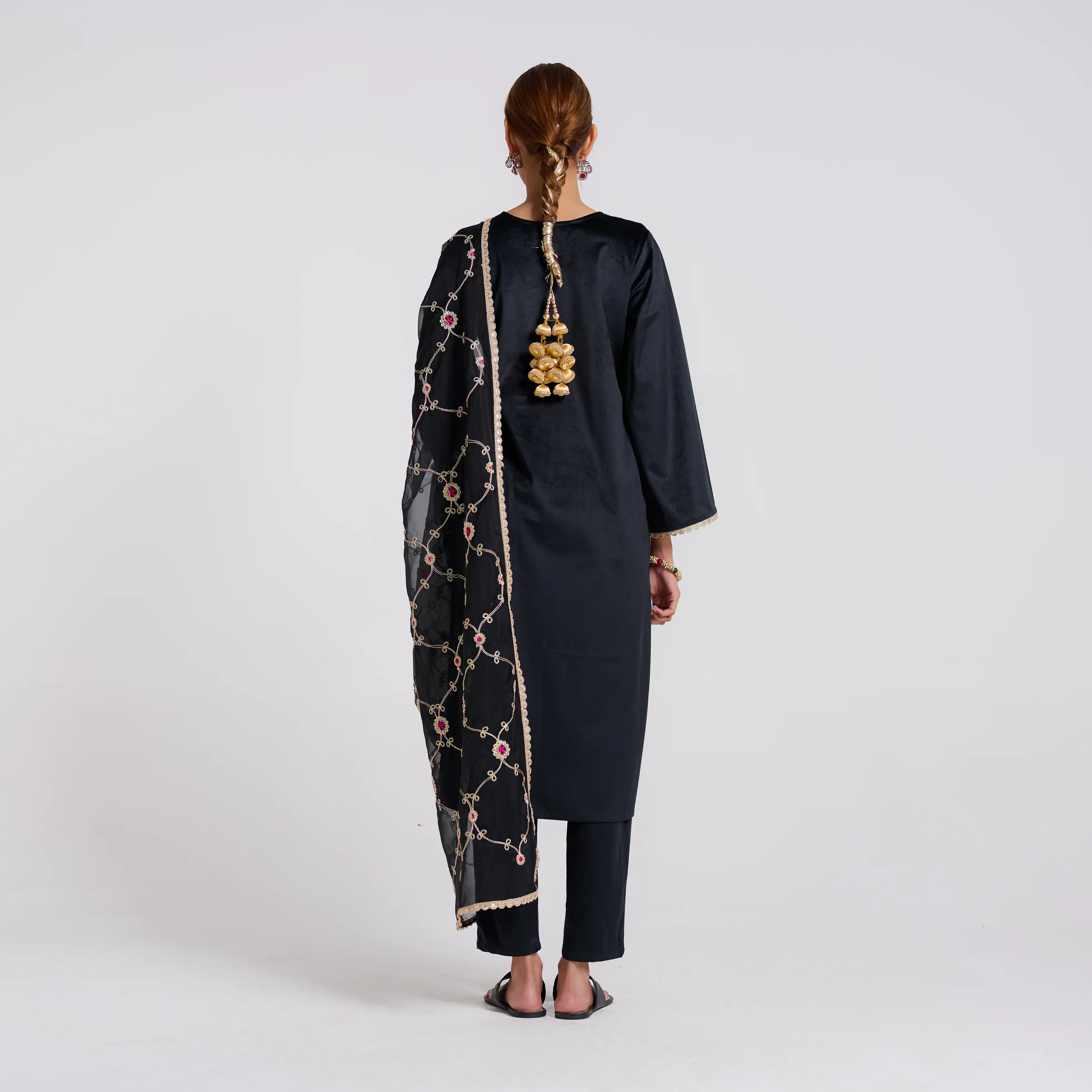 Black Embroidered Gulzaar Velvet Set with Dupatta - Image 6