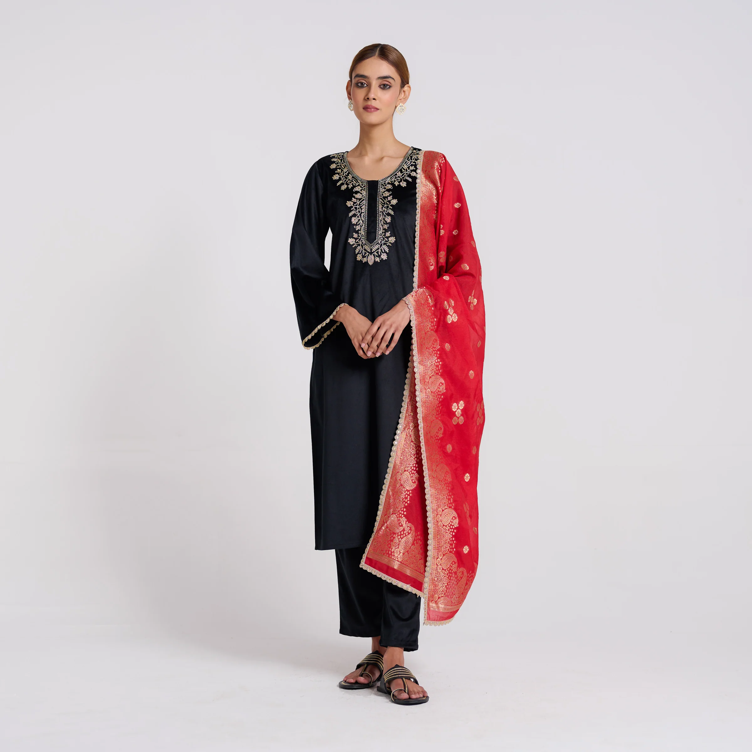Black Embroidered Noor Velvet Set with Brocade Dupatta - Image 4