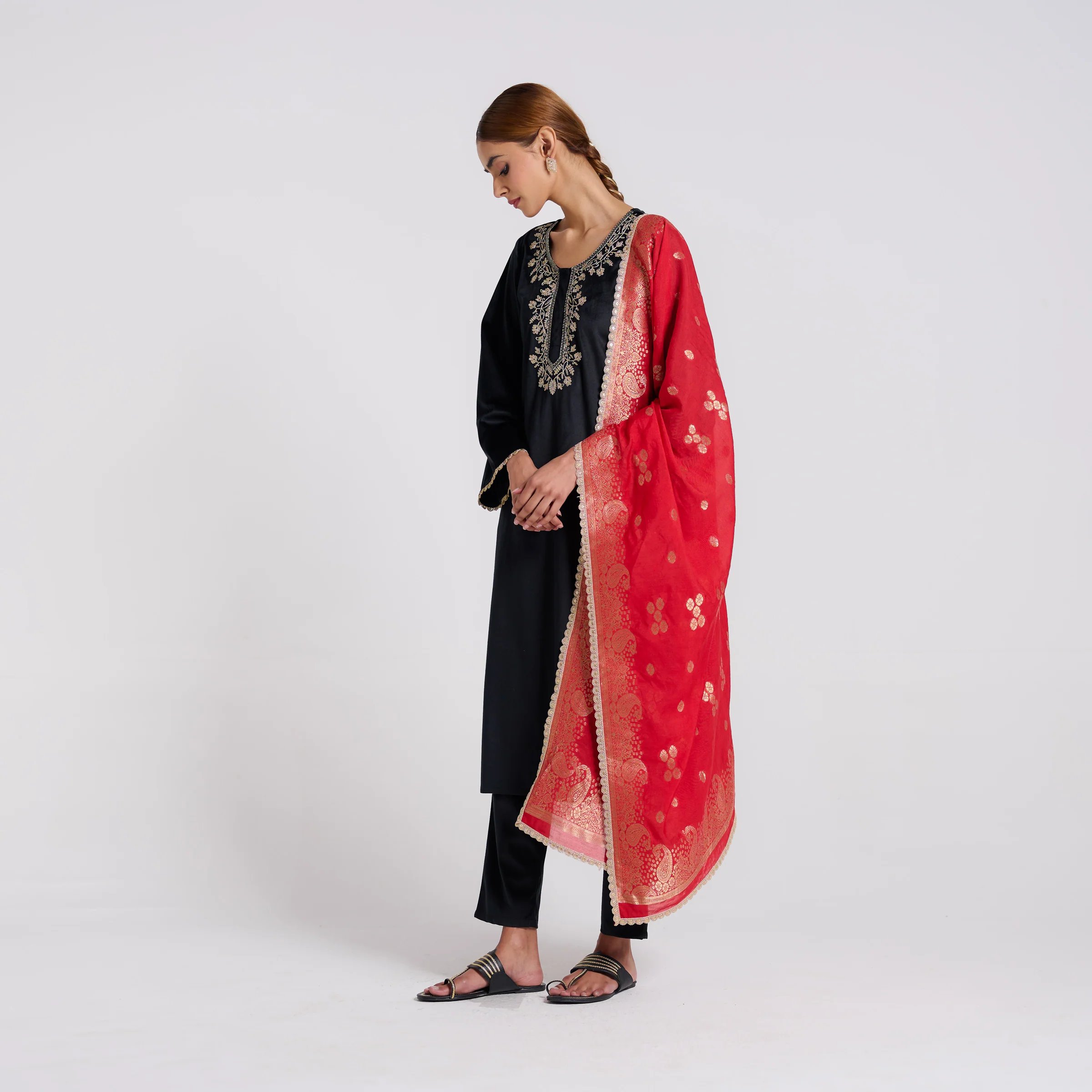 Black Embroidered Noor Velvet Set with Brocade Dupatta - Image 5