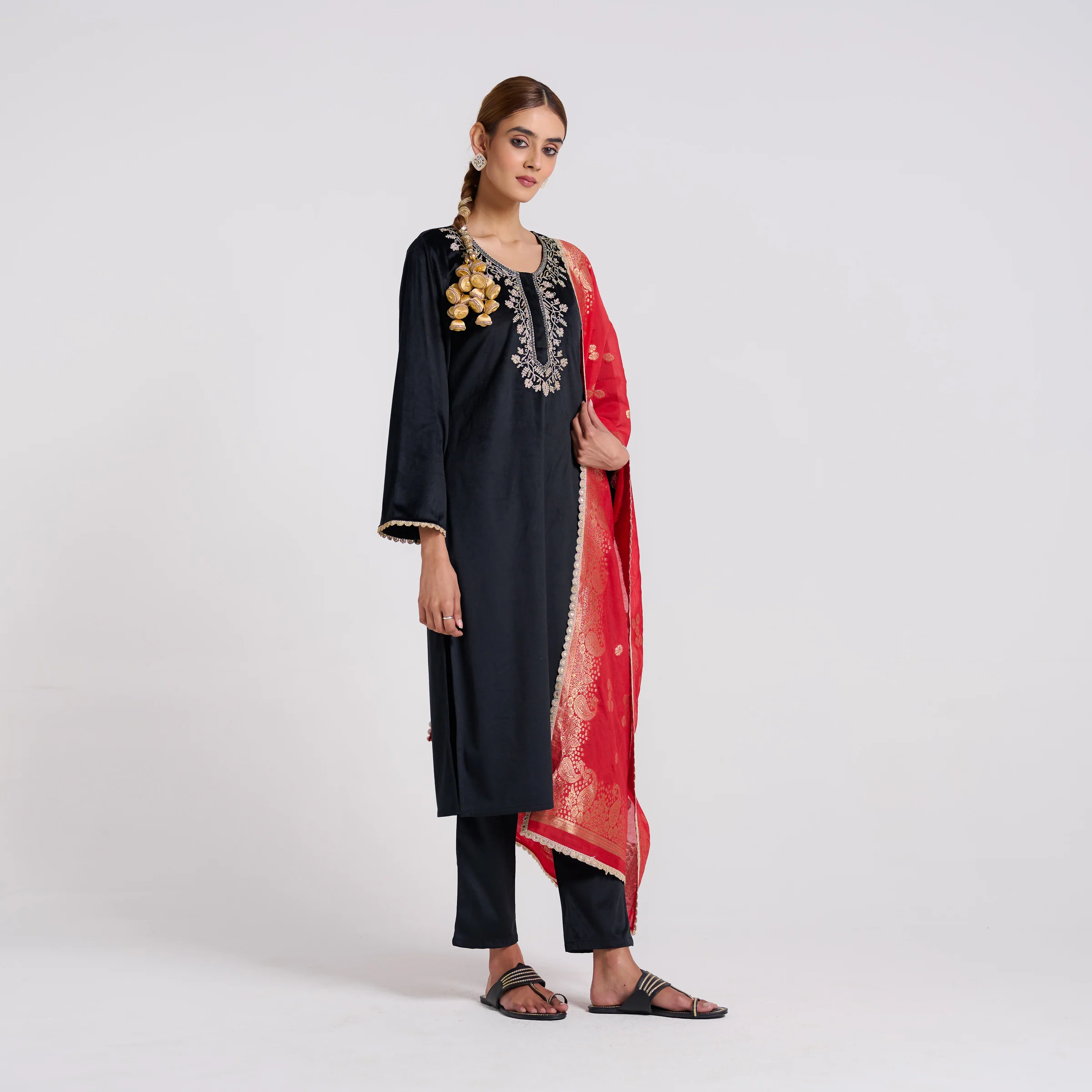 Black Embroidered Noor Velvet Set with Brocade Dupatta - Image 6