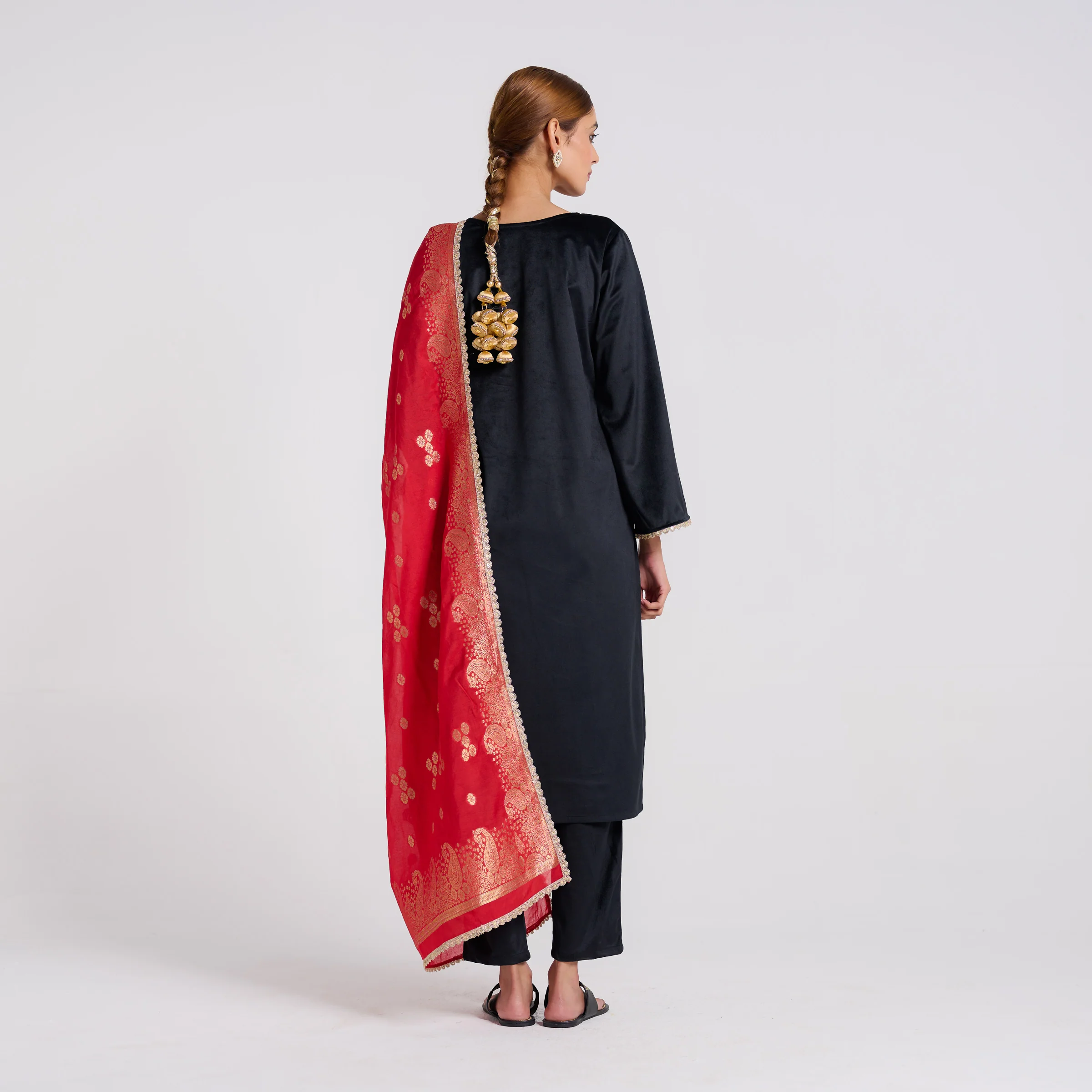 Black Embroidered Noor Velvet Set with Brocade Dupatta - Image 7