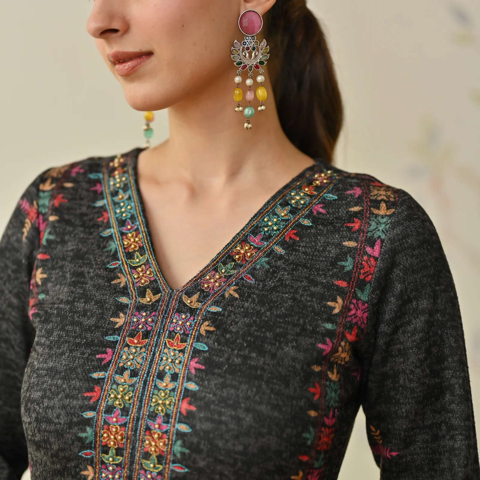 Black Embroidered & Phulkari Printed Woollen Kurta Pant Set - Image 2