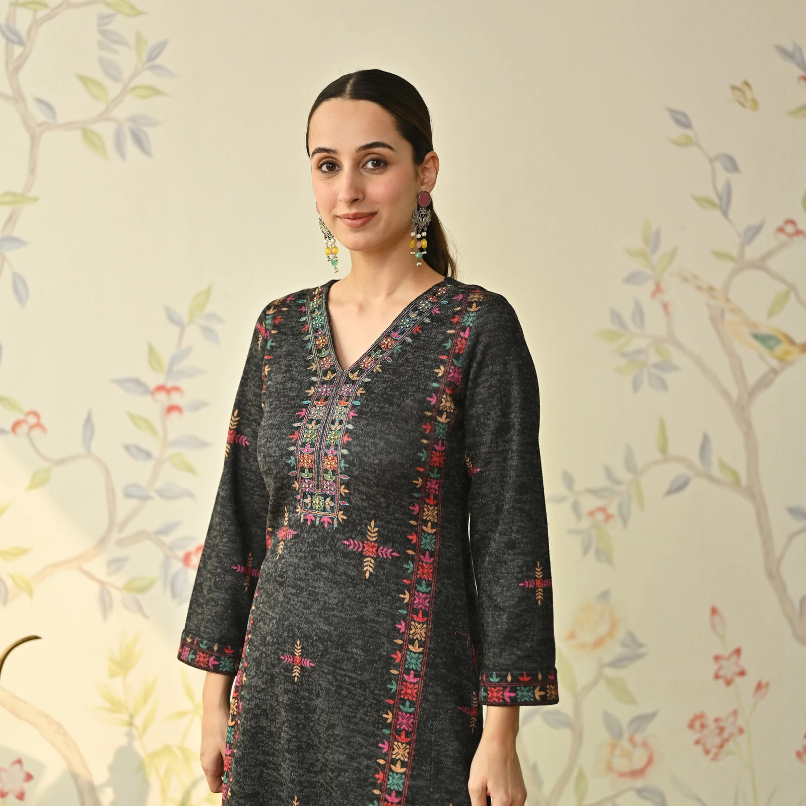 Black Embroidered & Phulkari Printed Woollen Kurta Pant Set - Image 5
