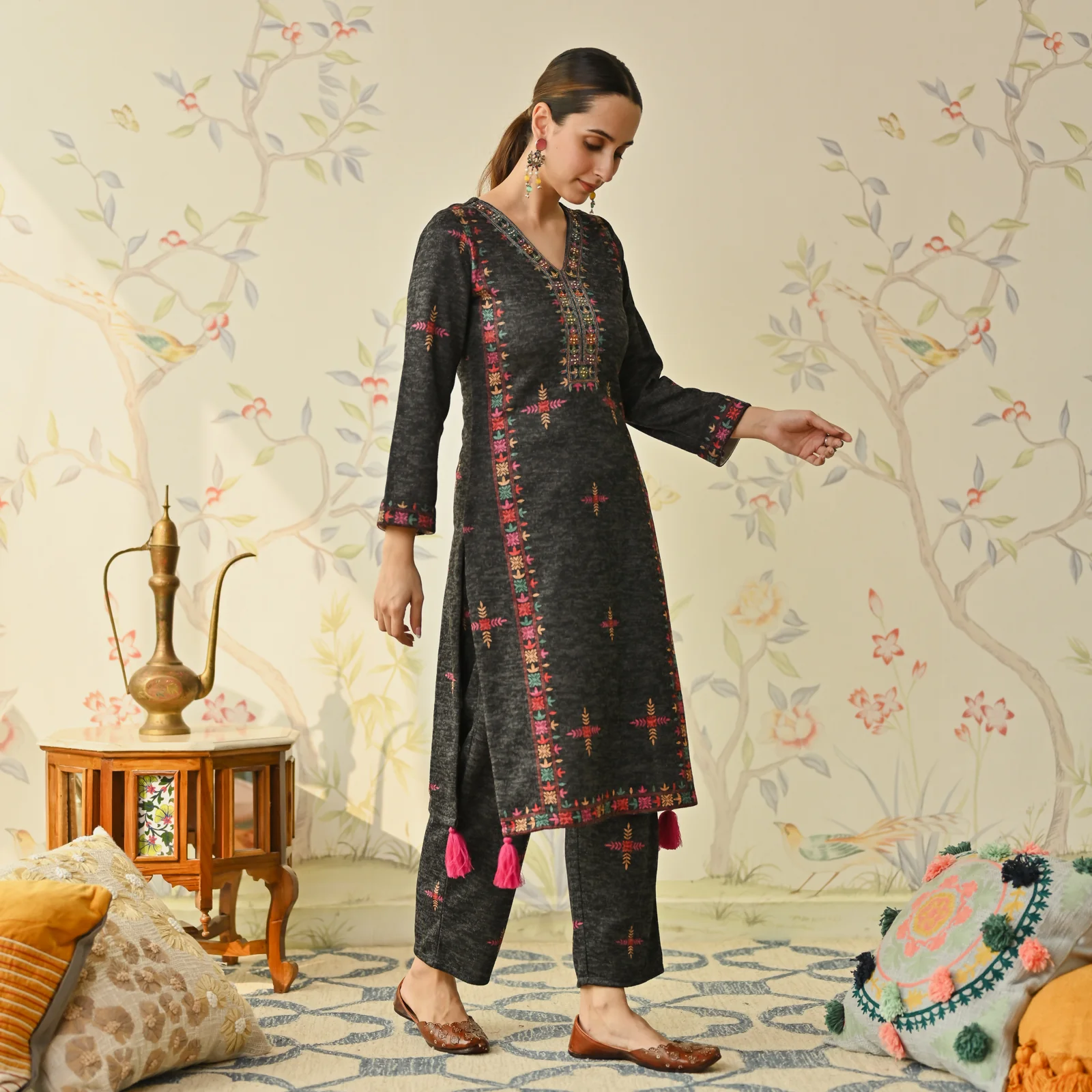 Black Embroidered & Phulkari Printed Woollen Kurta Pant Set - Image 6