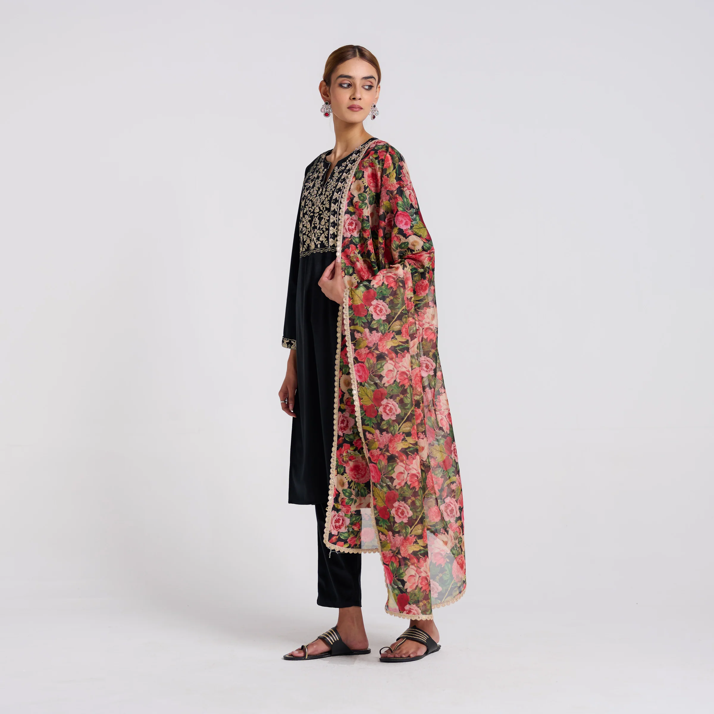 Black Embroidered Phulwari Velvet Set with Dupatta - Image 4
