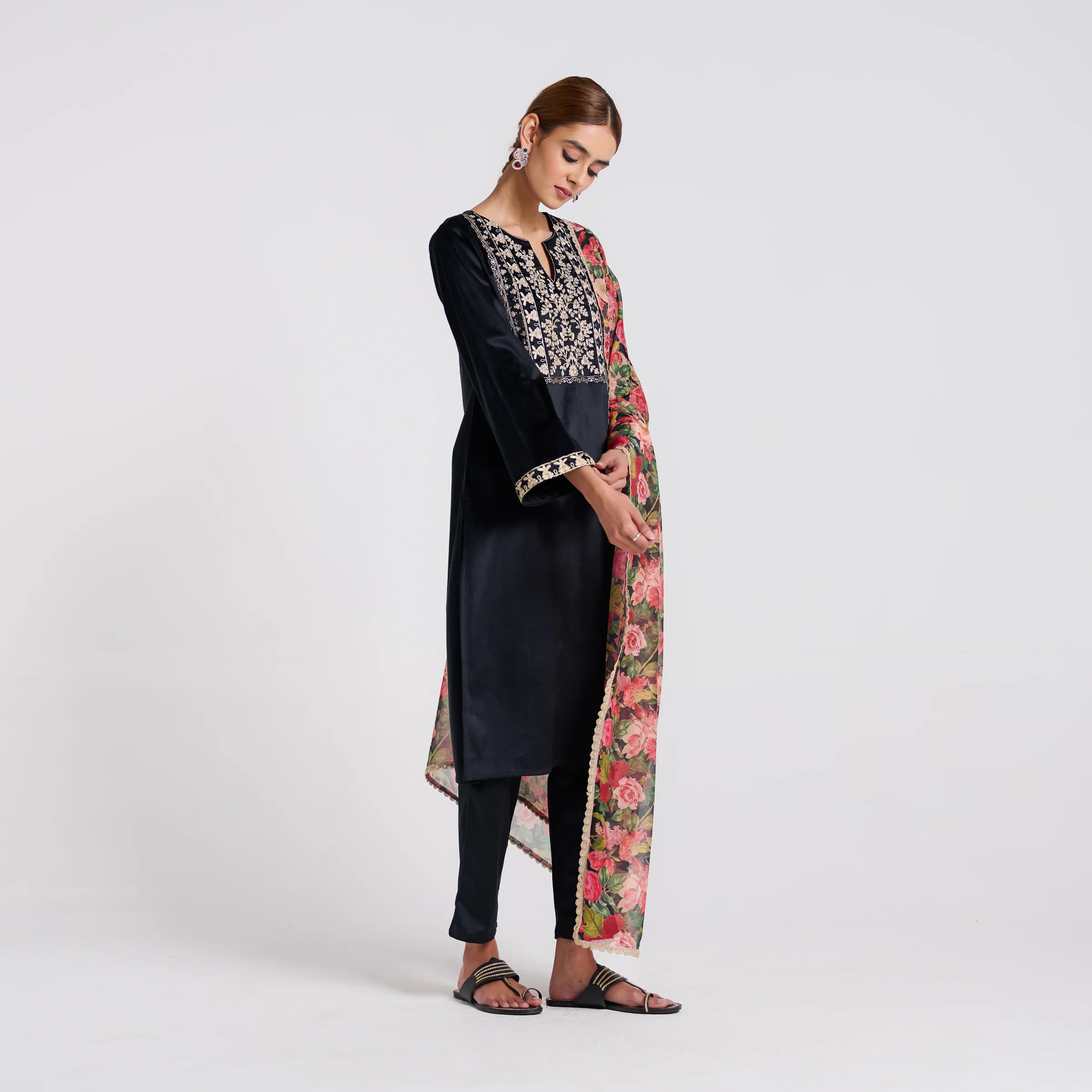 Black Embroidered Phulwari Velvet Set with Dupatta - Image 5