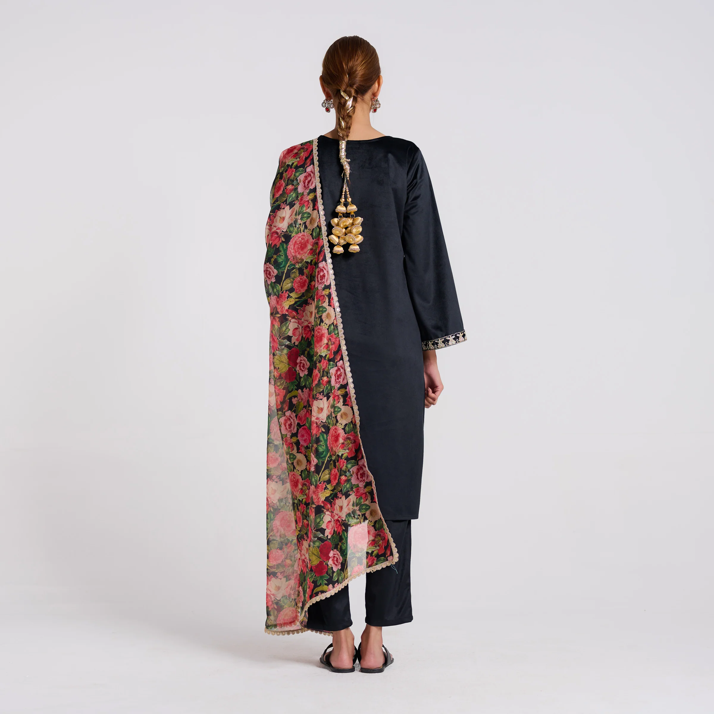 Black Embroidered Phulwari Velvet Set with Dupatta - Image 6