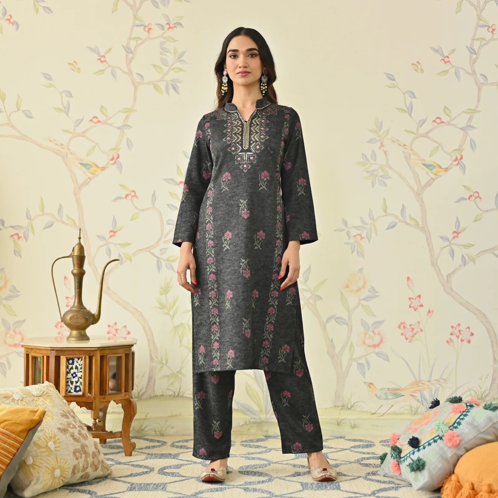 Black Embroidered Woollen Kurta - Image 4