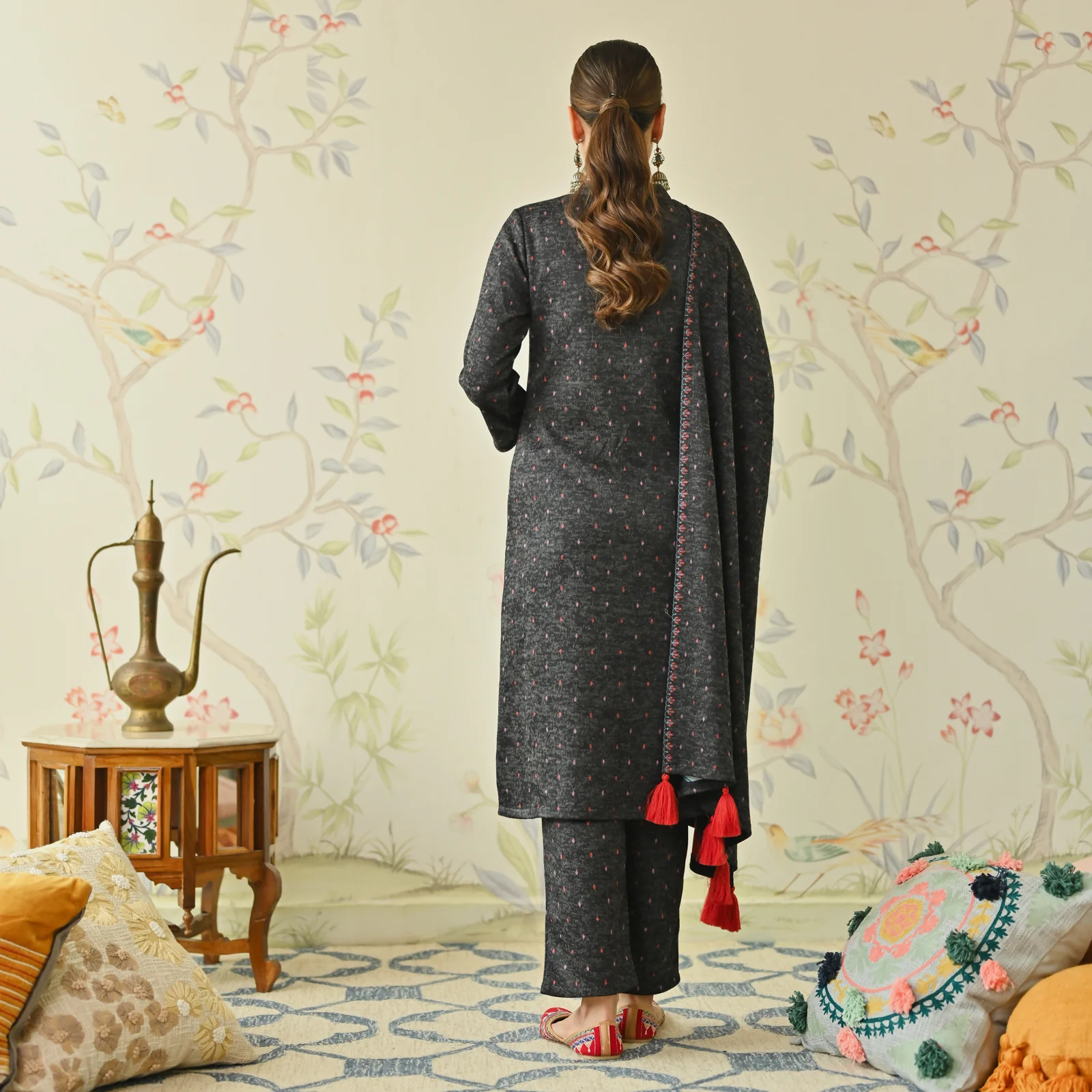 Black Embroidered Woollen Kurta - Image 3