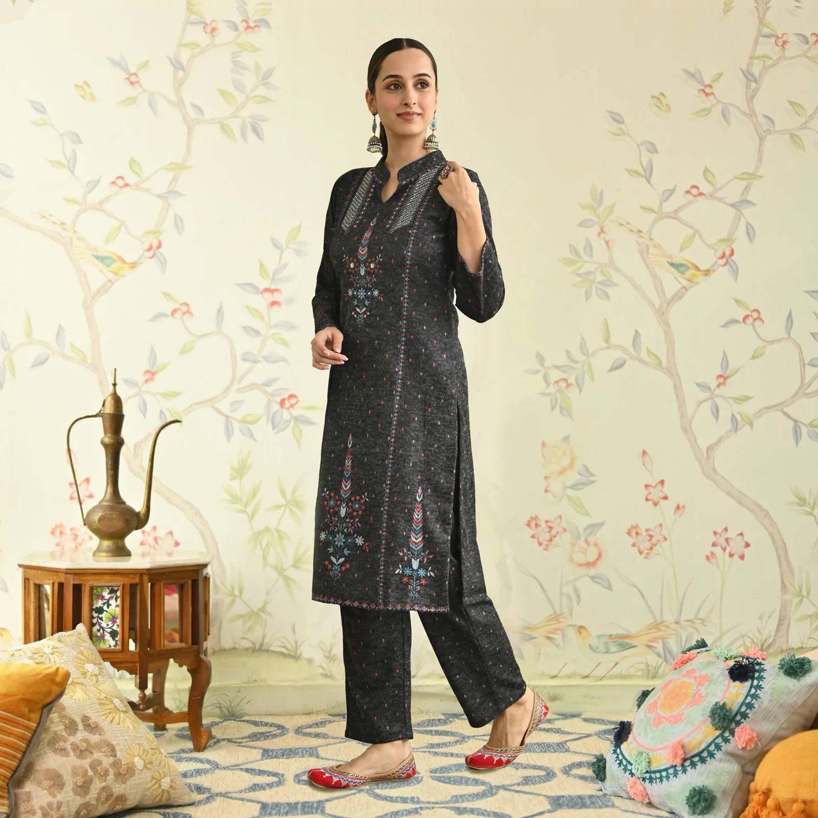 Black Embroidered Woollen Kurta - Image 4
