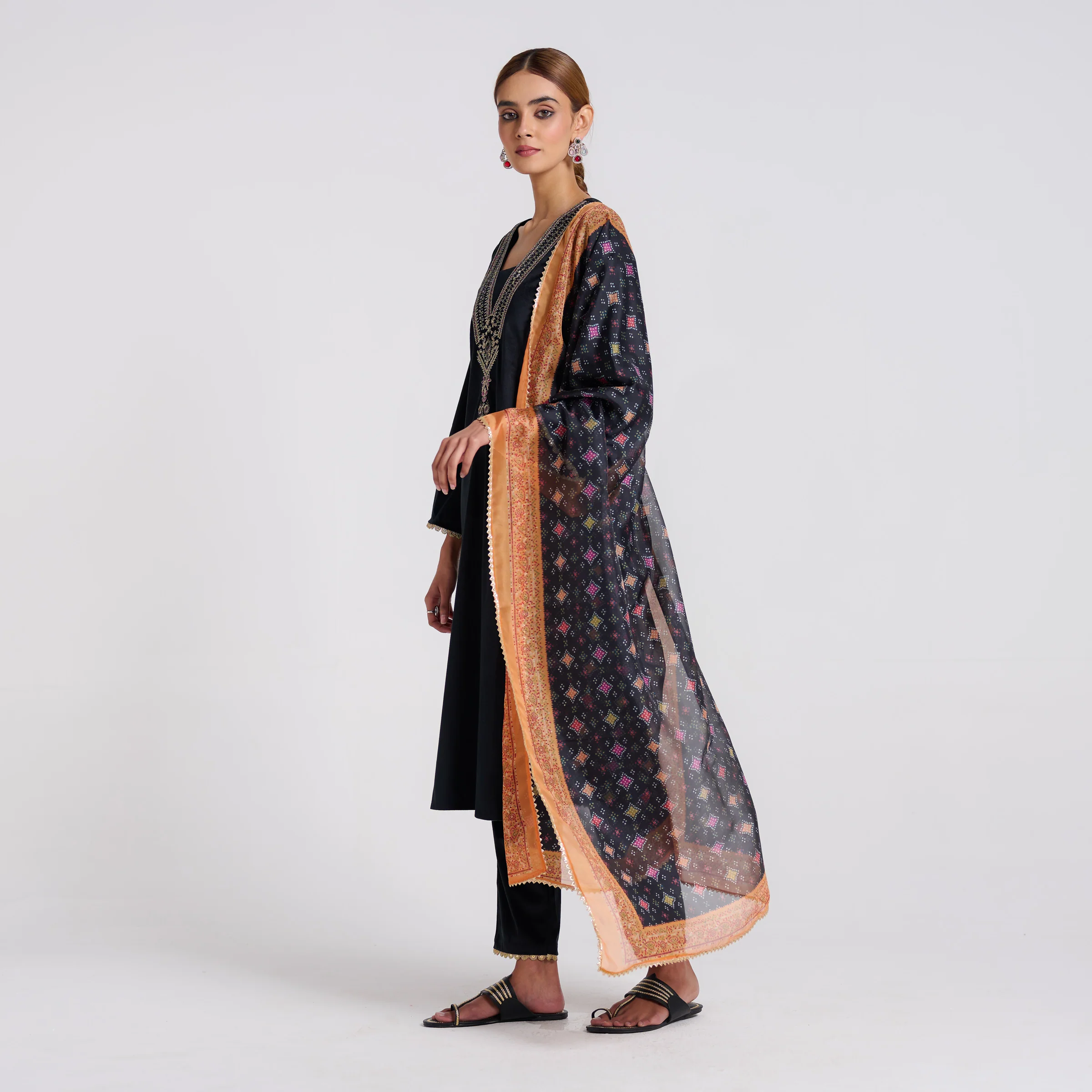 Black Embroidered Zareen Velvet Set with Dupatta - Image 4