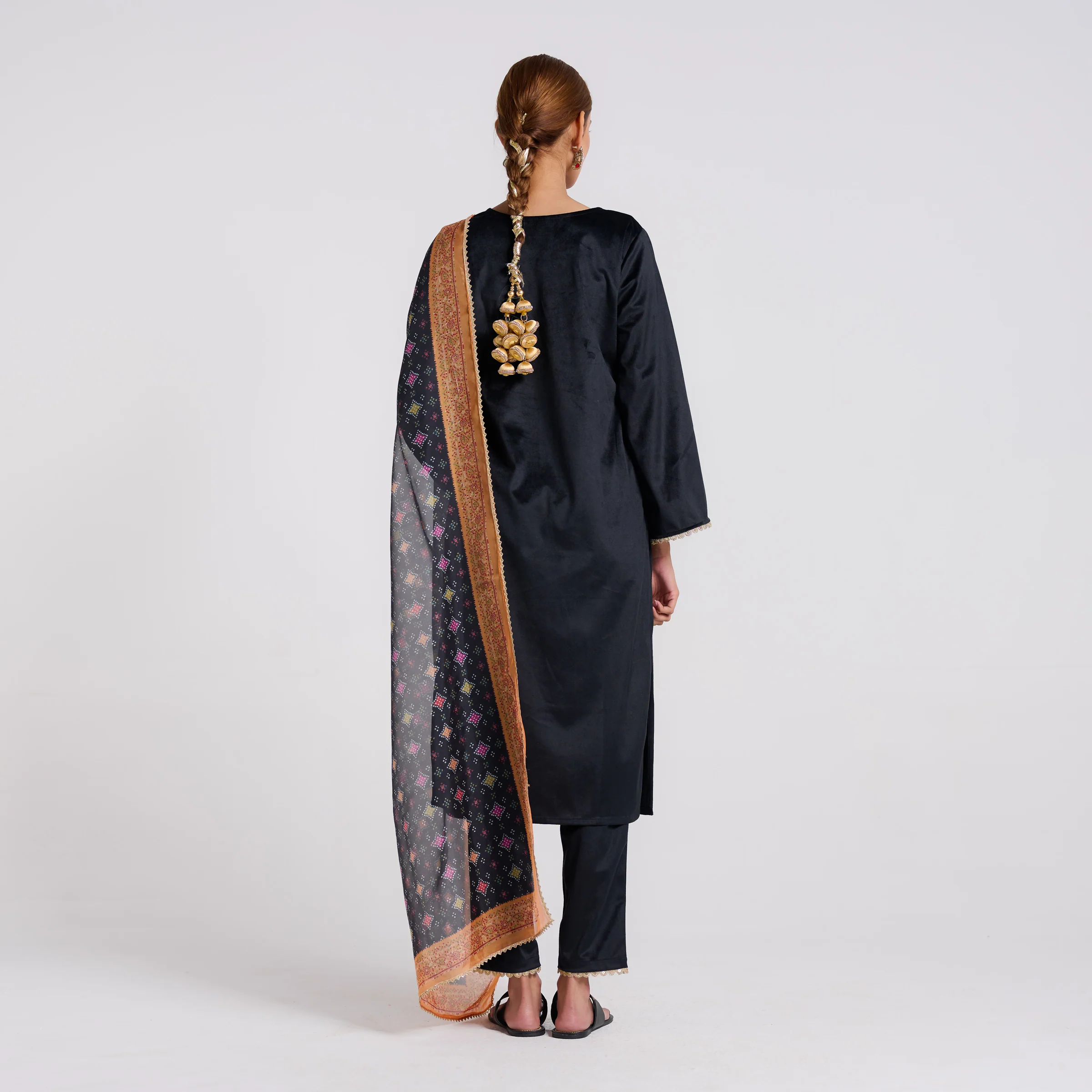Black Embroidered Zareen Velvet Set with Dupatta - Image 6