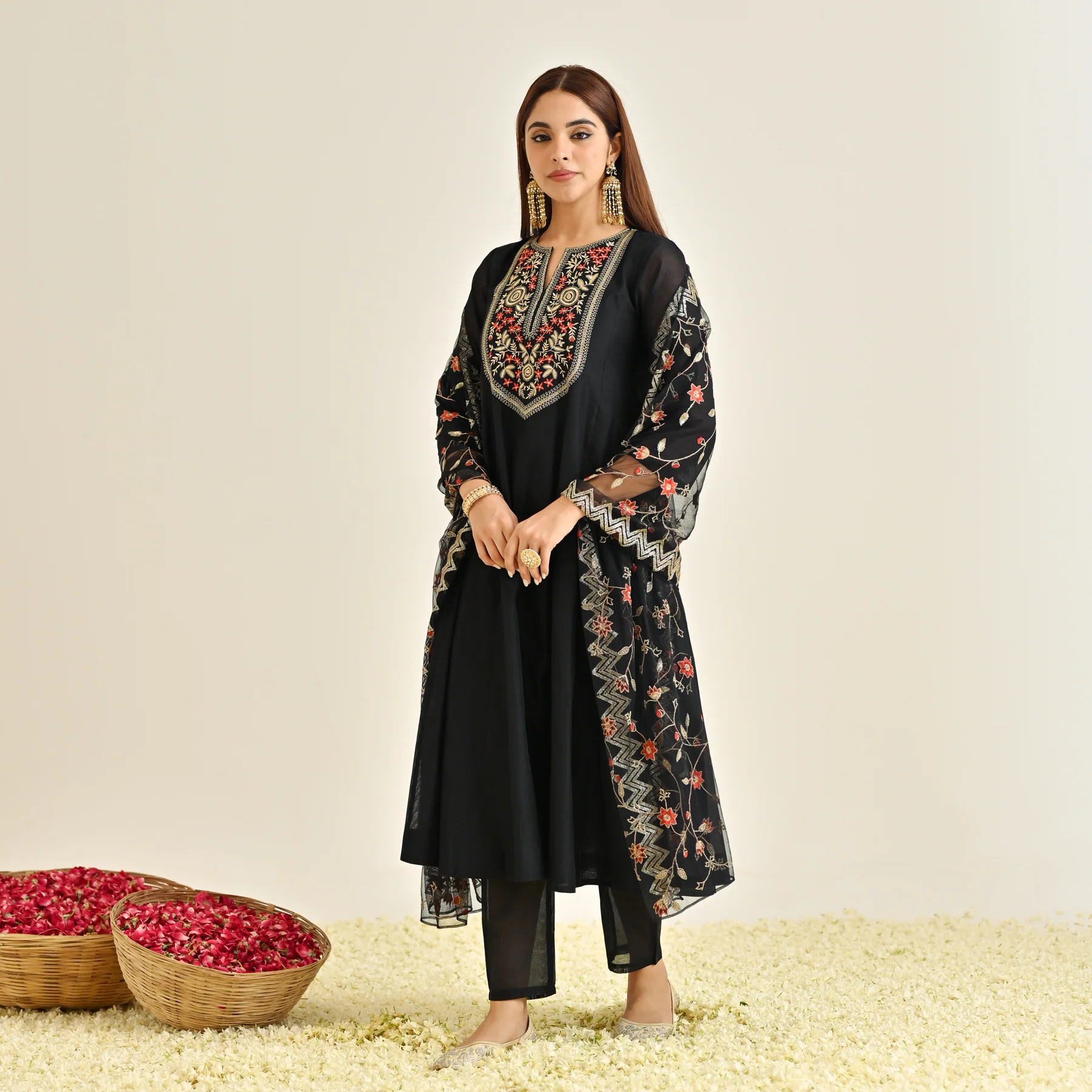 Black Festive Anarkali Set with Embroidered Dupatta & Yoke Detail - Image 10