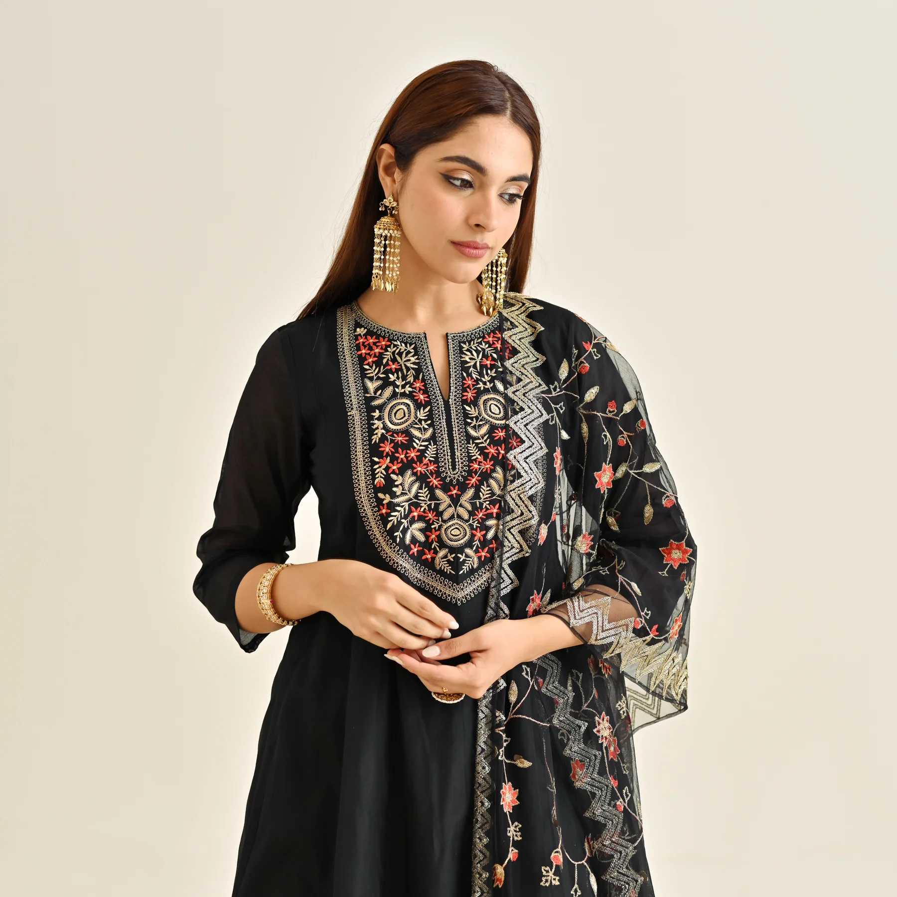 Black Festive Anarkali Set with Embroidered Dupatta & Yoke Detail - Image 3