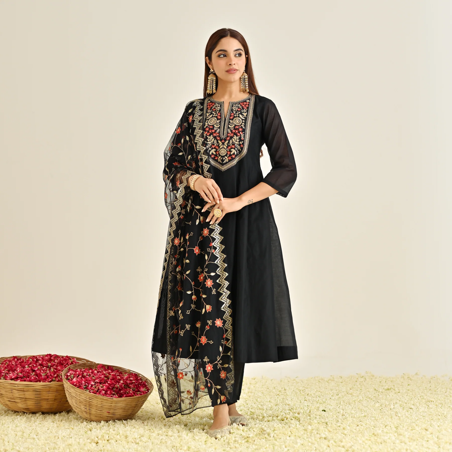 Black Festive Anarkali Set with Embroidered Dupatta & Yoke Detail - Image 4