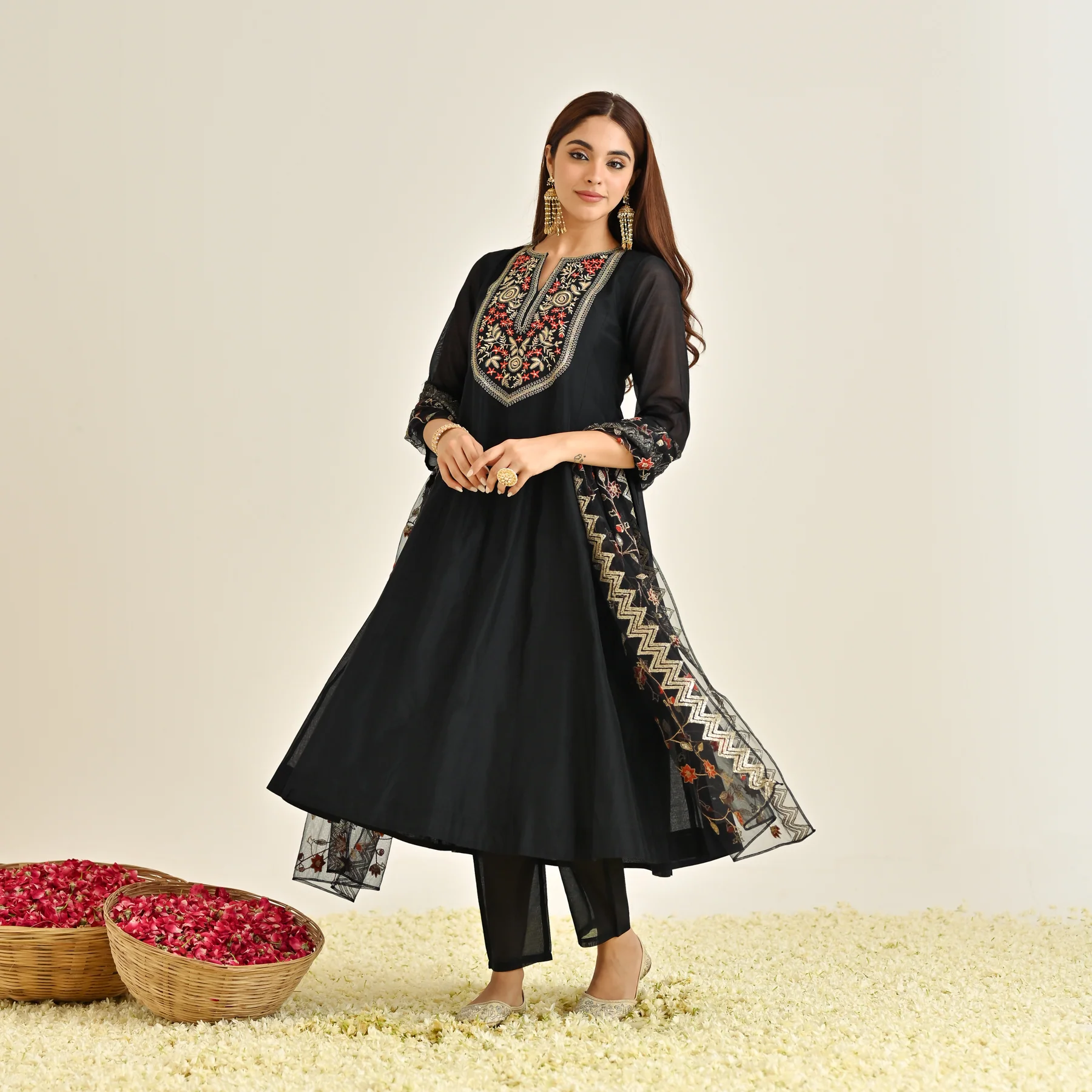 Black Festive Anarkali Set with Embroidered Dupatta & Yoke Detail - Image 5