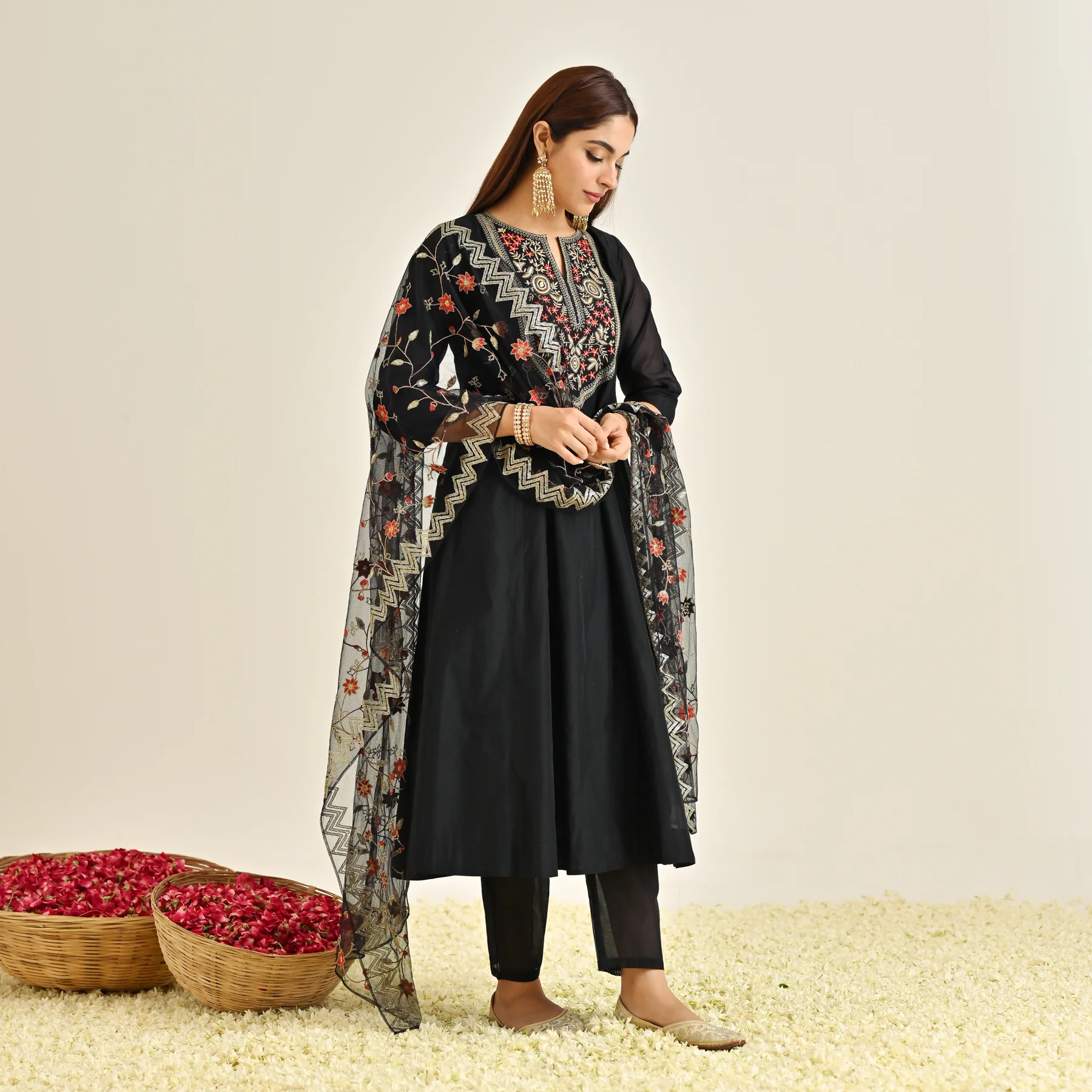 Black Festive Anarkali Set with Embroidered Dupatta & Yoke Detail - Image 6