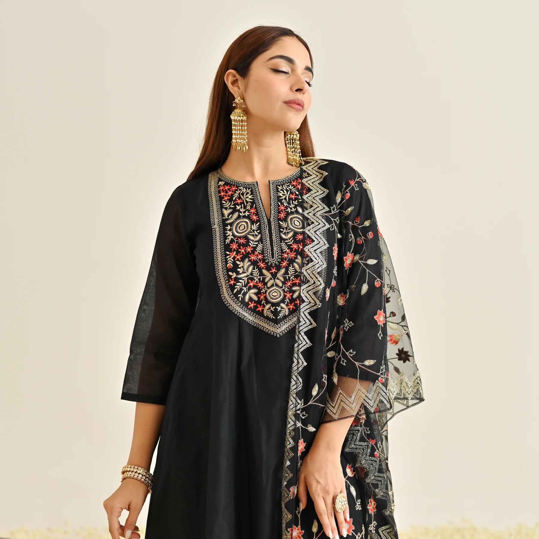 Black Festive Anarkali Set with Embroidered Dupatta & Yoke Detail - Image 7