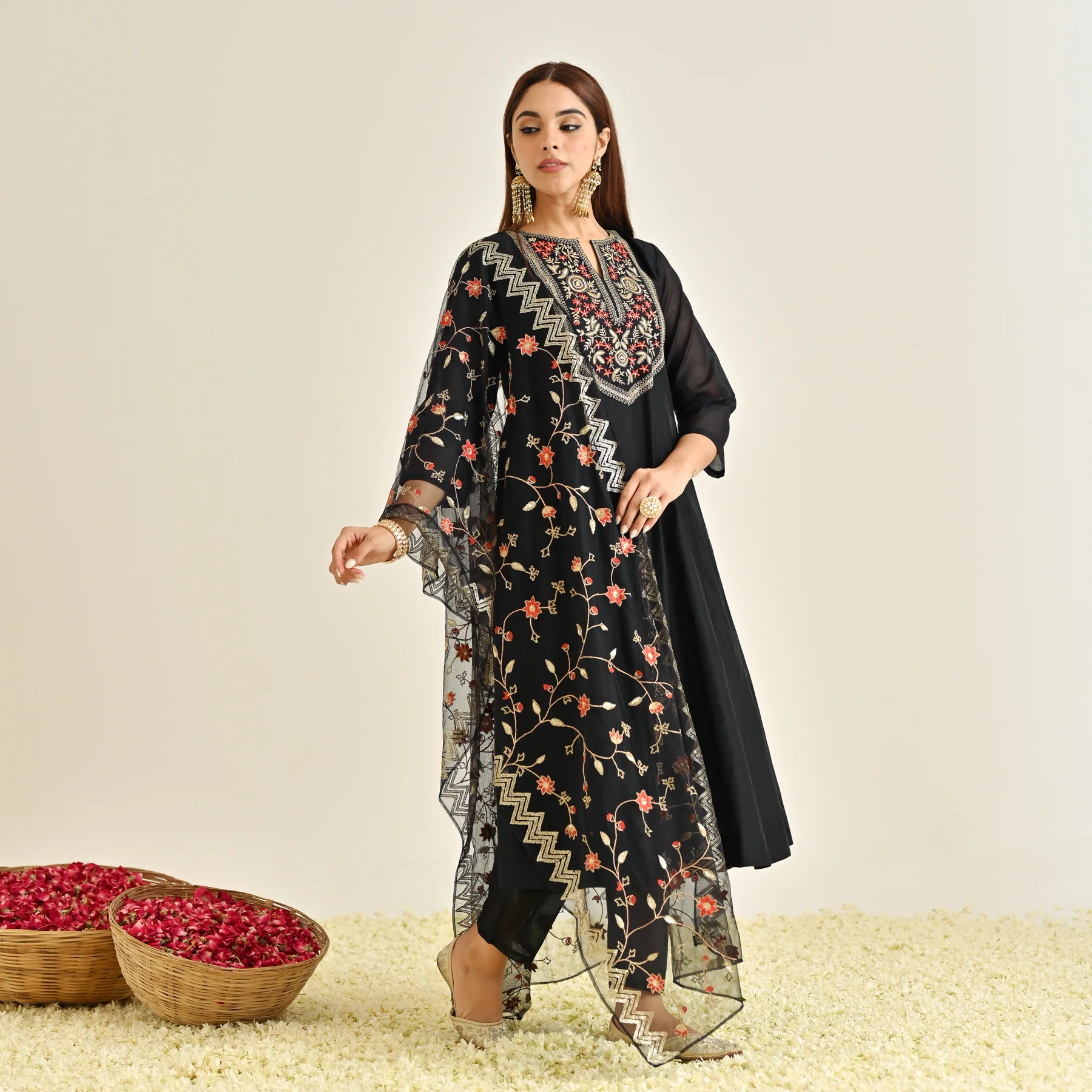 Black Festive Anarkali Set with Embroidered Dupatta & Yoke Detail - Image 8