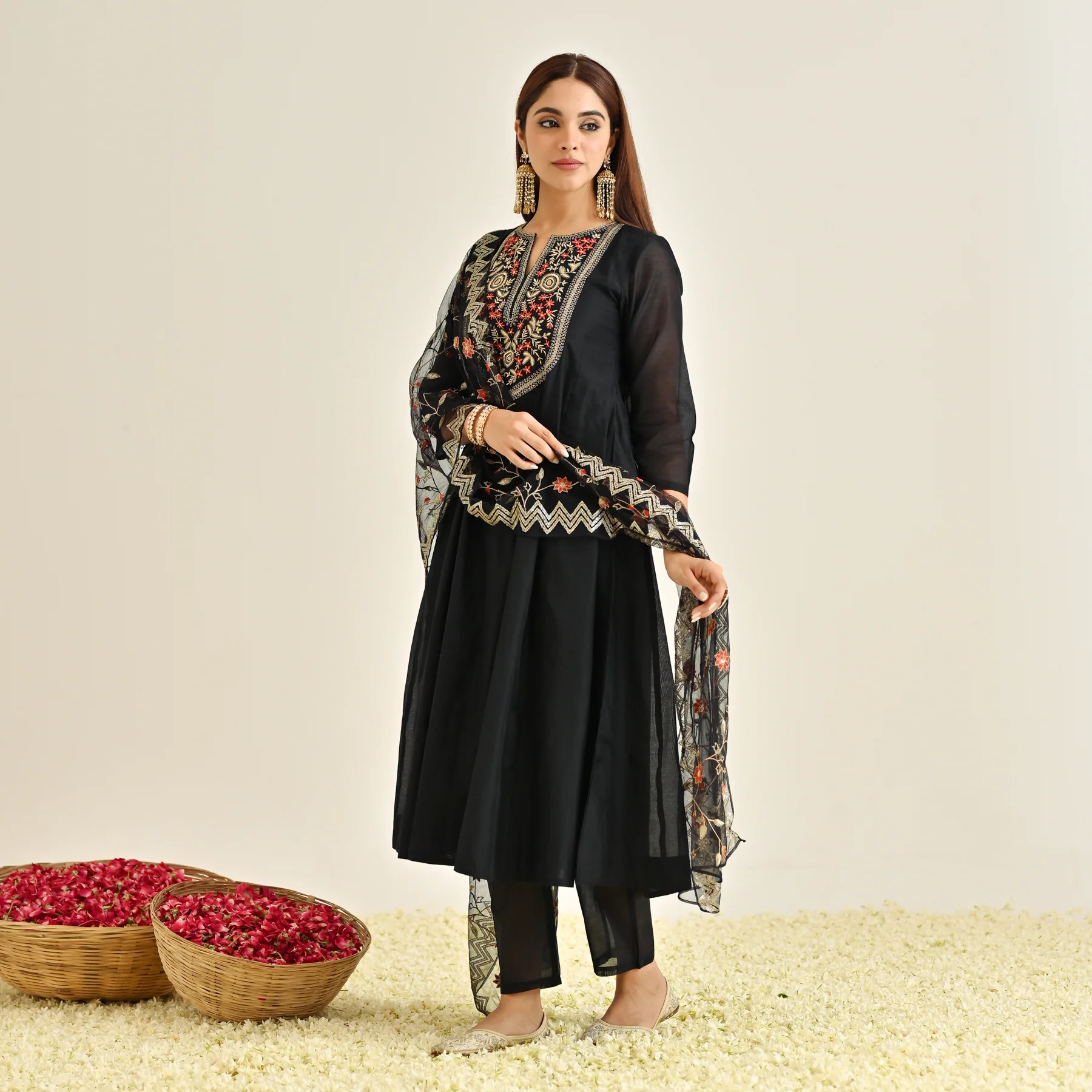 Black Festive Anarkali Set with Embroidered Dupatta & Yoke Detail - Image 9