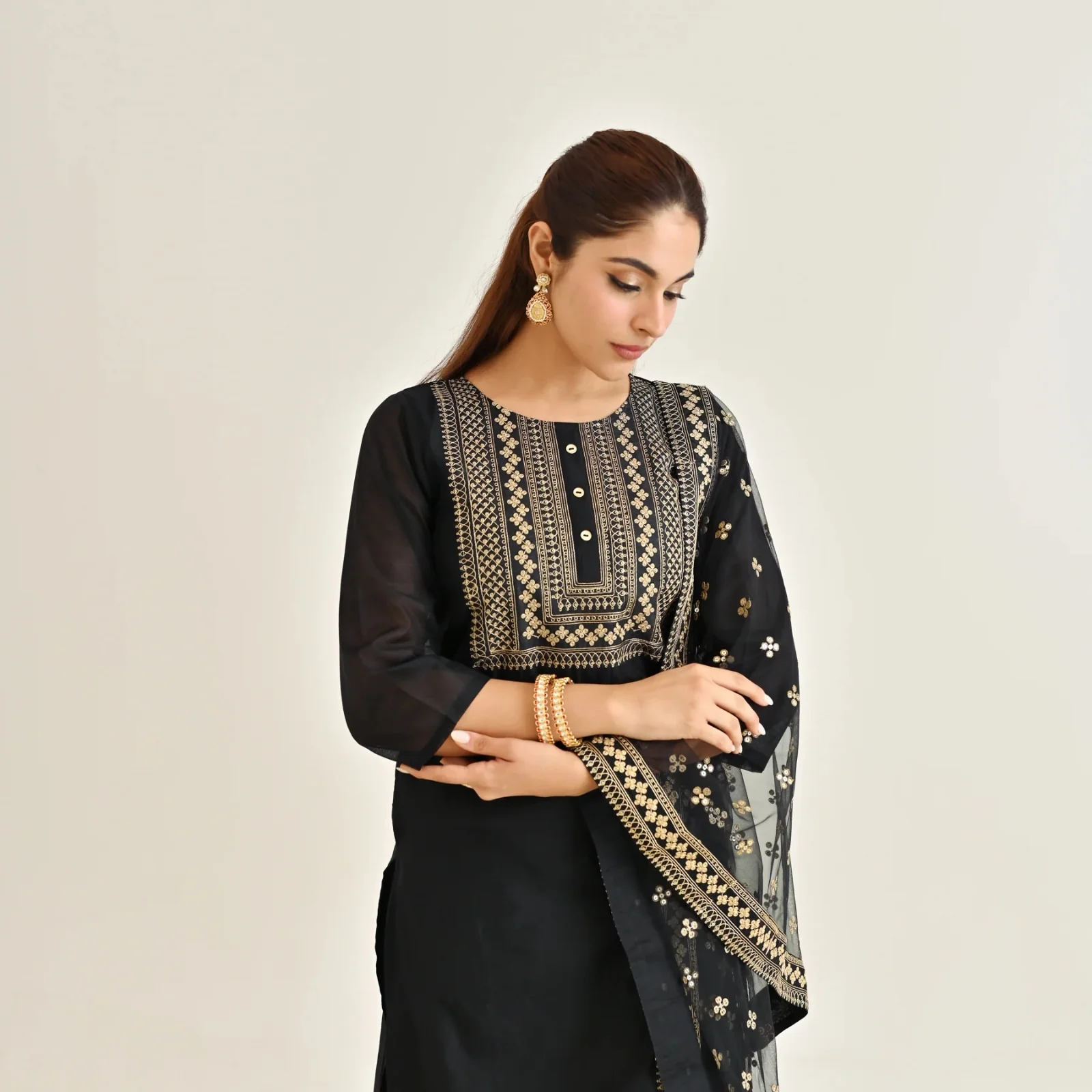Black Festive Embroidered Kurta Set with Embroidered Dupatta - Image 3