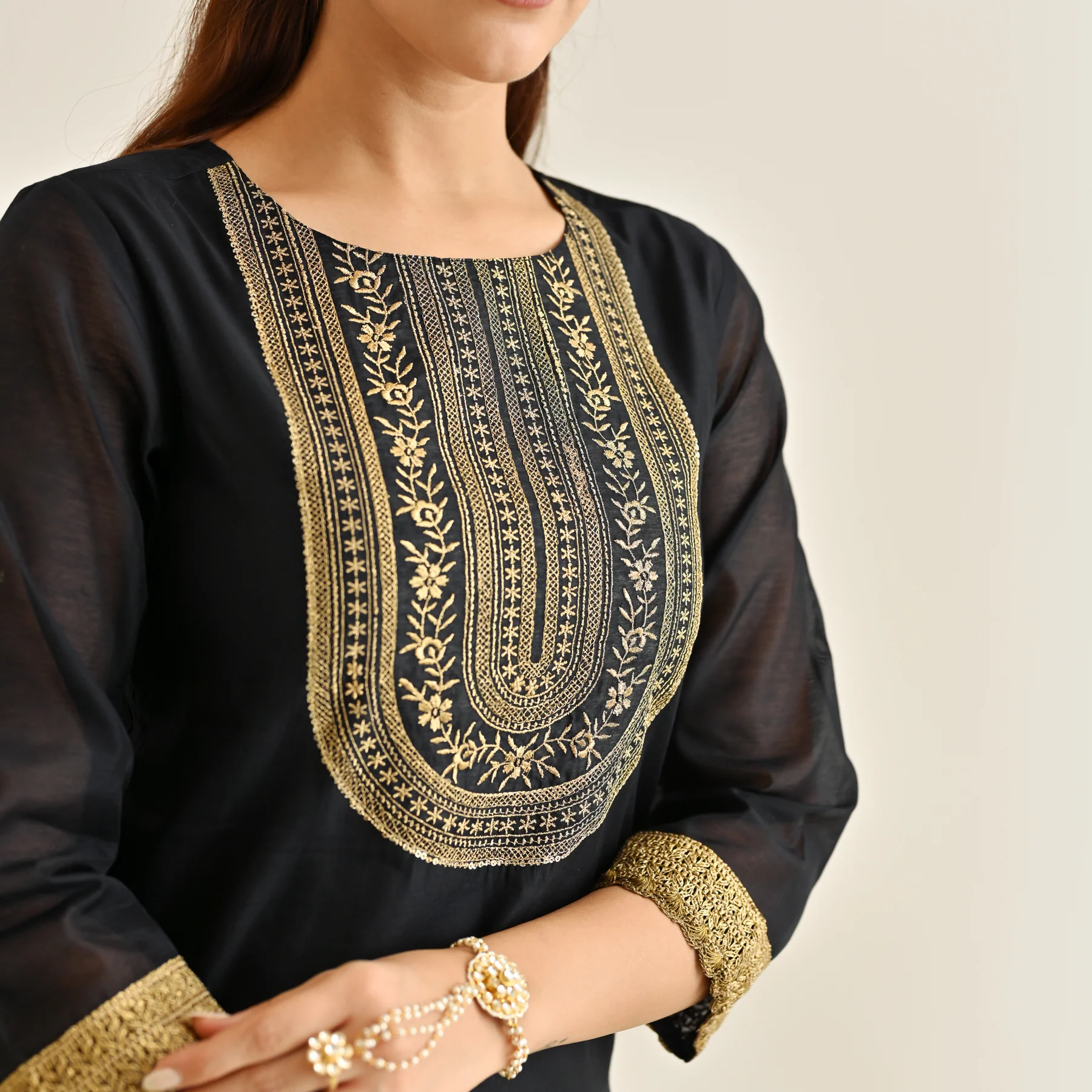 Black Festive Embroidered Kurta Set with Embroidered Dupatta & Yoke Detail - Image 3