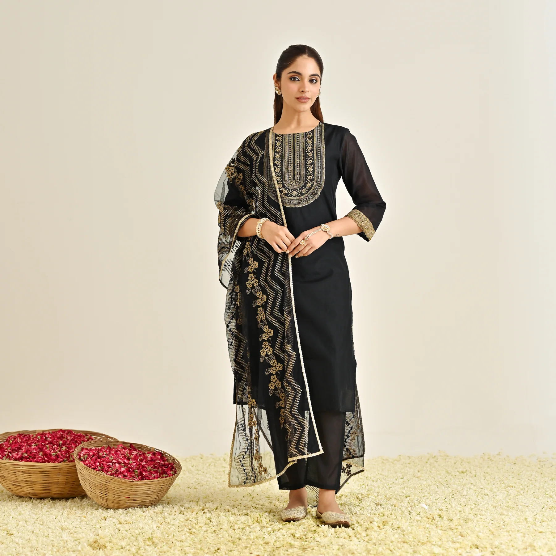 Black Festive Embroidered Kurta Set with Embroidered Dupatta & Yoke Detail - Image 4