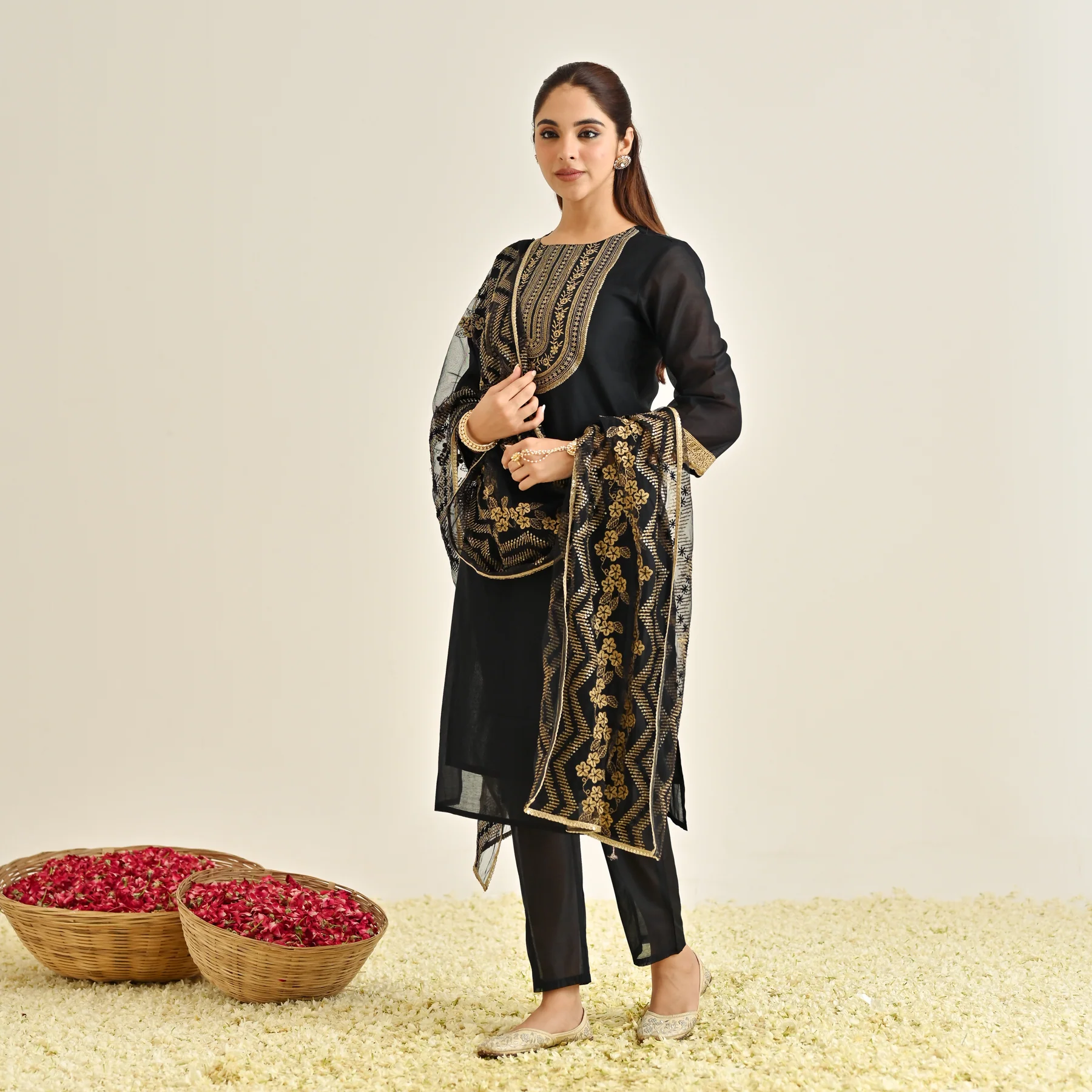 Black Festive Embroidered Kurta Set with Embroidered Dupatta & Yoke Detail - Image 5