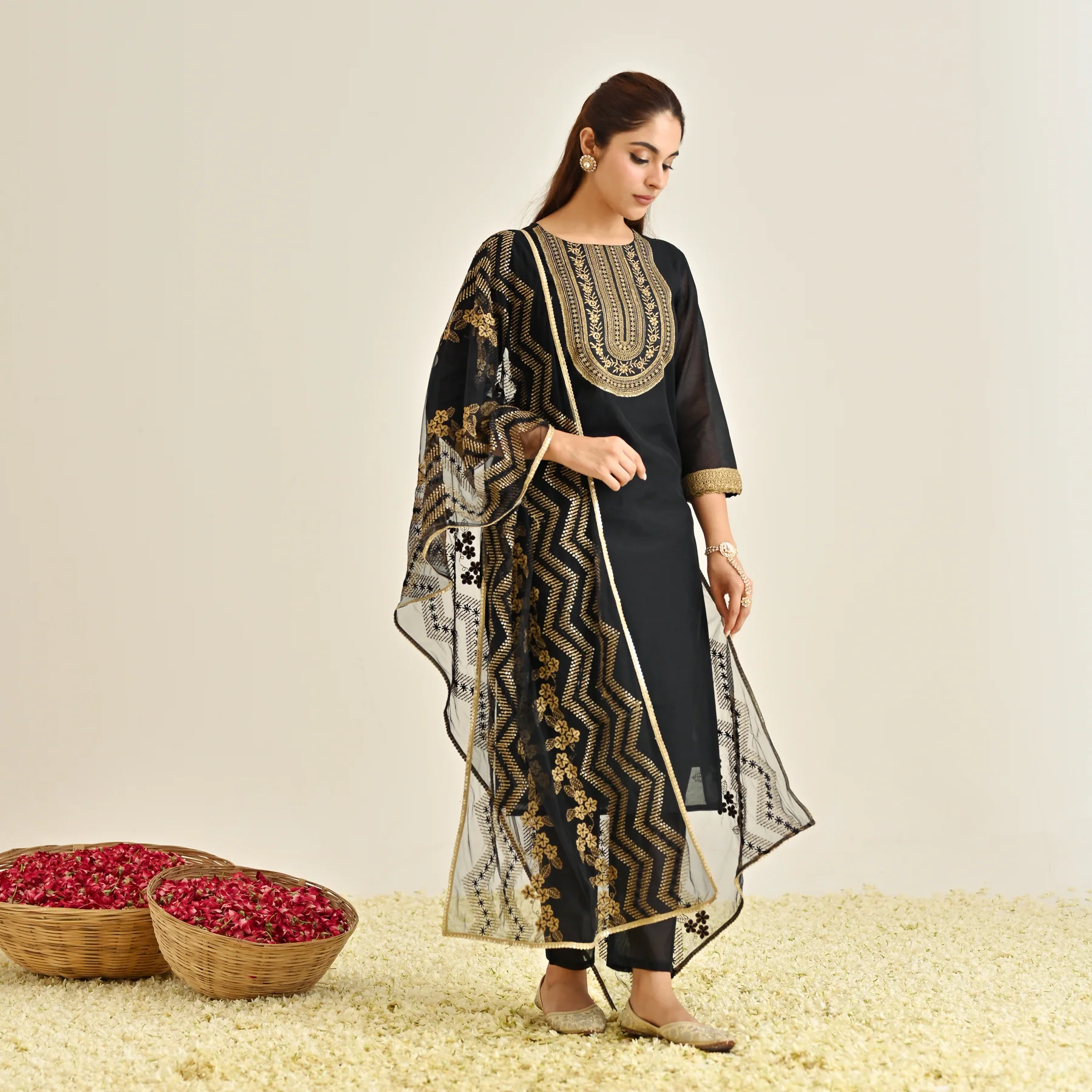 Black Festive Embroidered Kurta Set with Embroidered Dupatta & Yoke Detail - Image 6