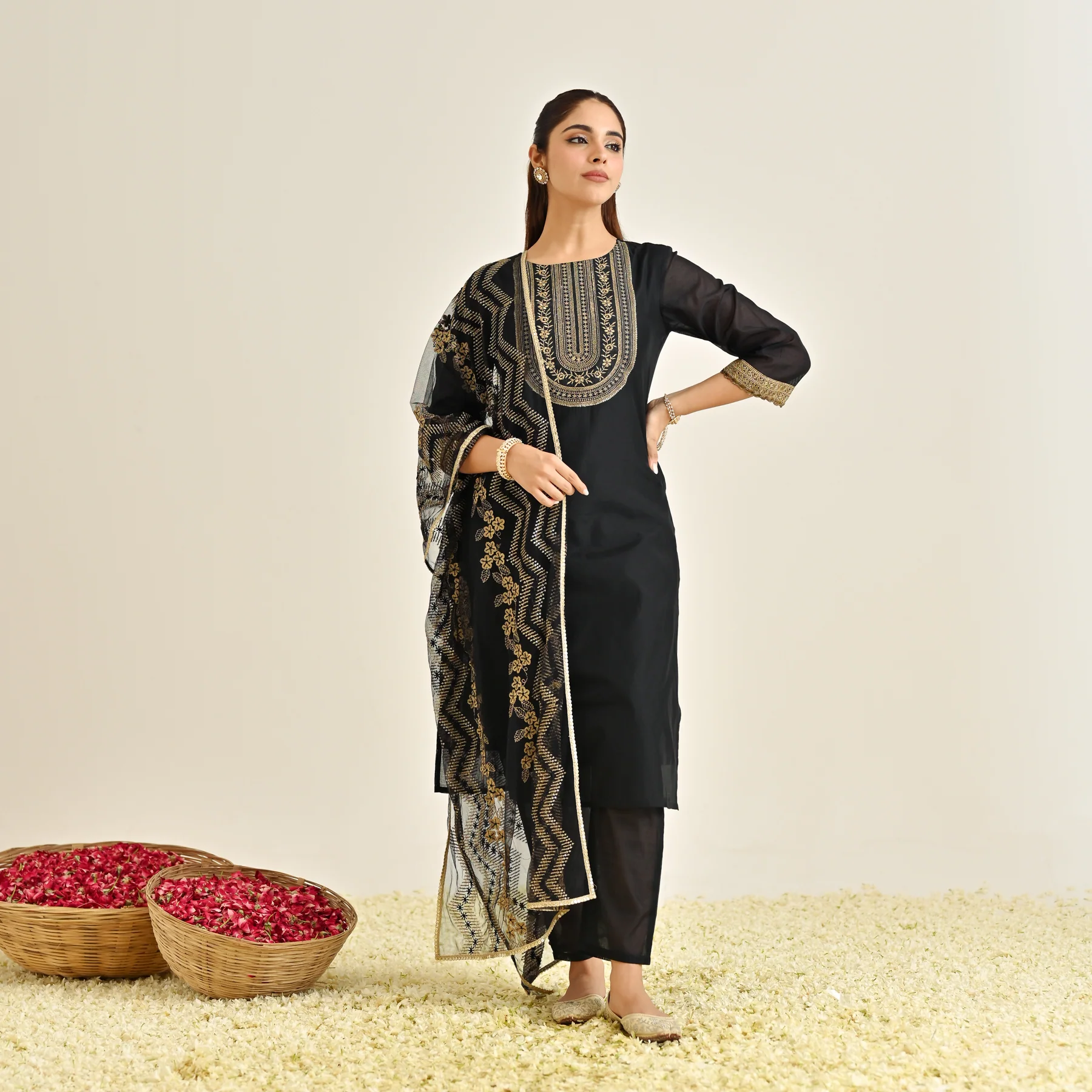 Black Festive Embroidered Kurta Set with Embroidered Dupatta & Yoke Detail - Image 7