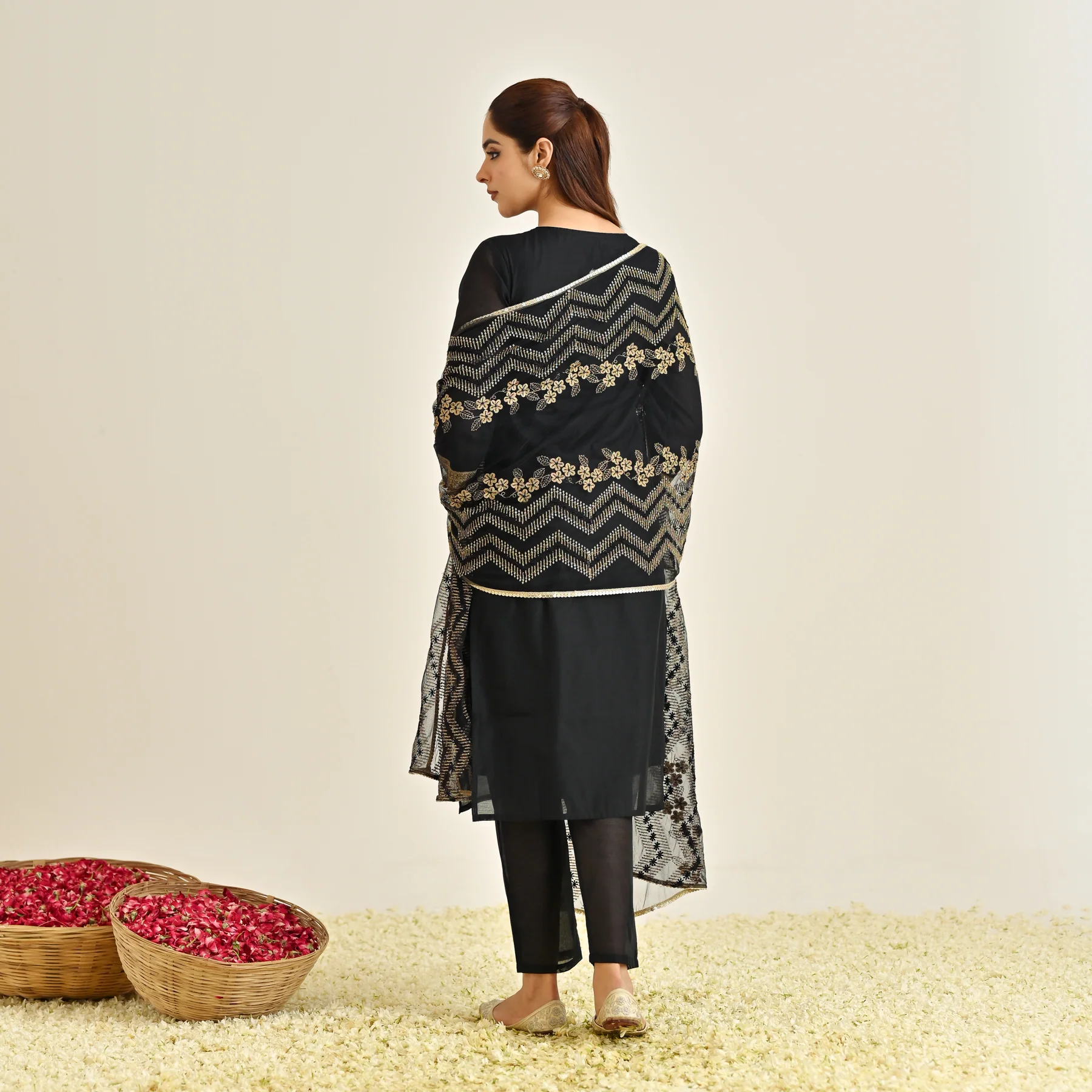 Black Festive Embroidered Kurta Set with Embroidered Dupatta & Yoke Detail - Image 8