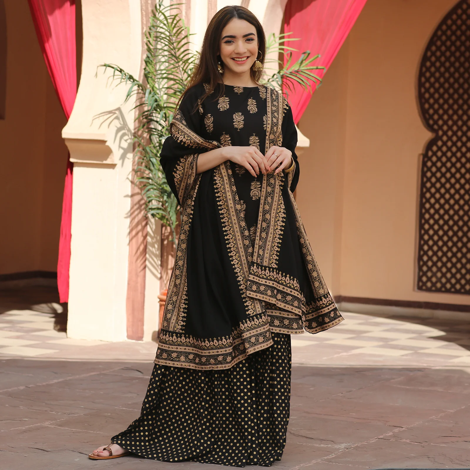 Black Festive Gold Gharara Kurta Set with Dupatta - Image 3