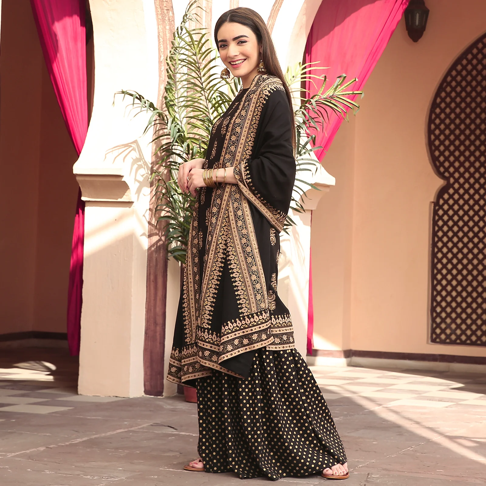 Black Festive Gold Gharara Kurta Set with Dupatta - Image 4