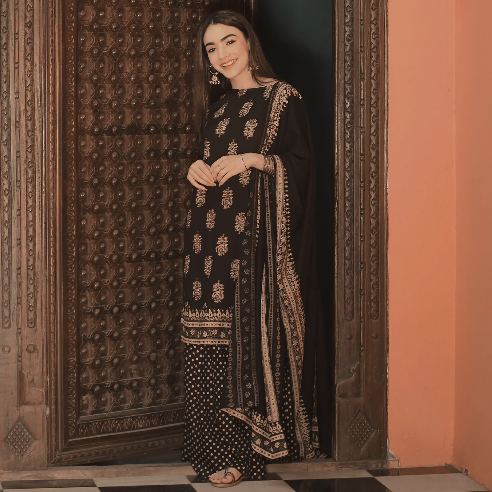 Black Festive Gold Gharara Kurta Set with Dupatta - Image 5