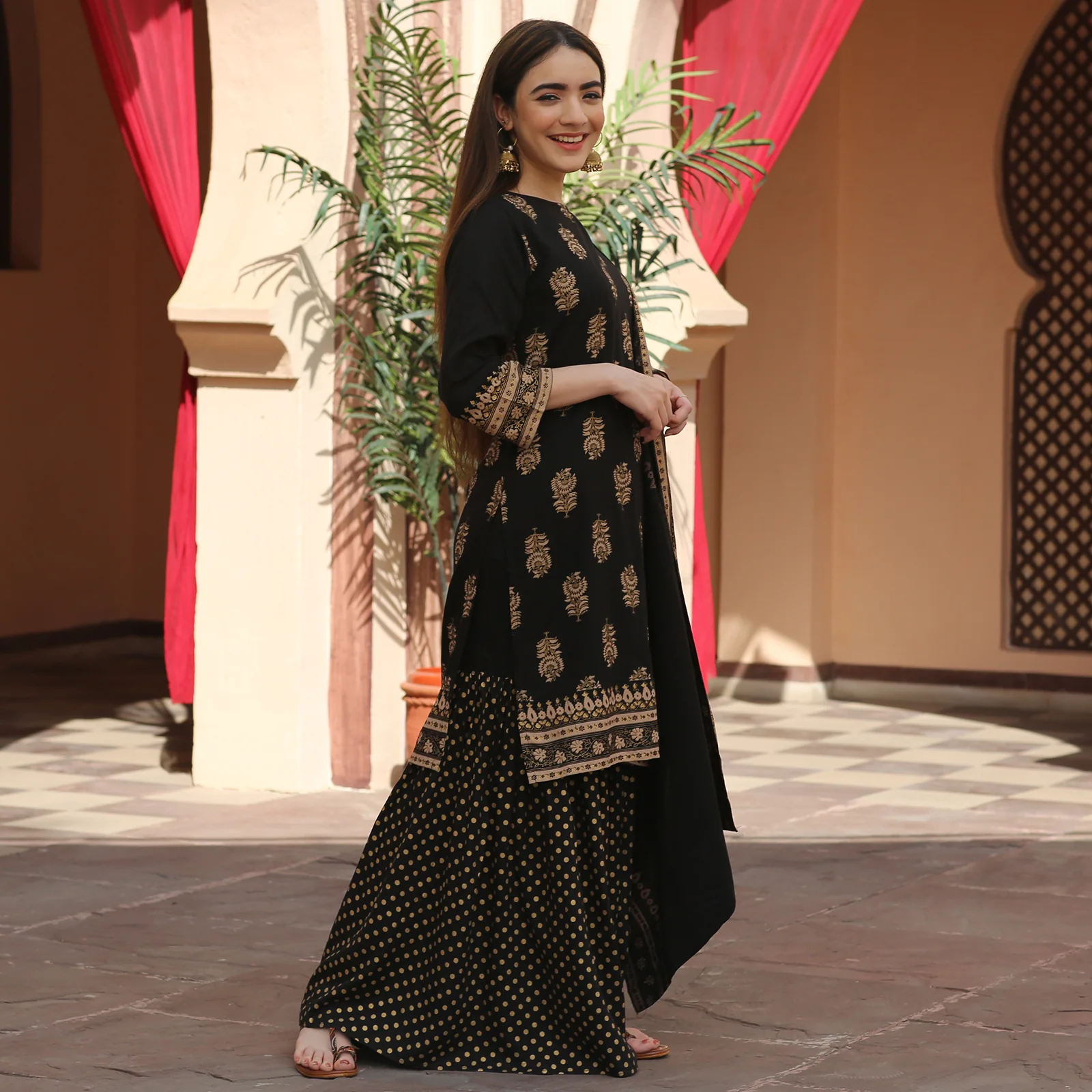 Black Festive Gold Gharara Kurta Set with Dupatta - Image 6
