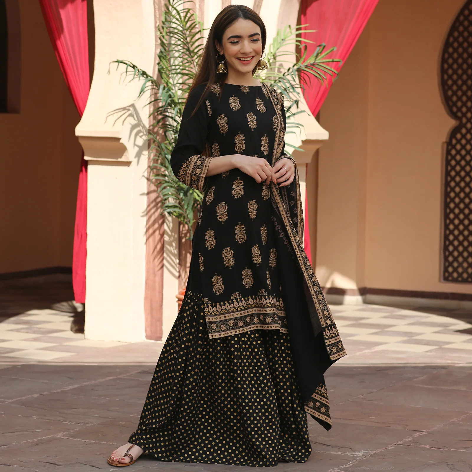 Black Festive Gold Gharara Kurta Set with Dupatta - Image 7