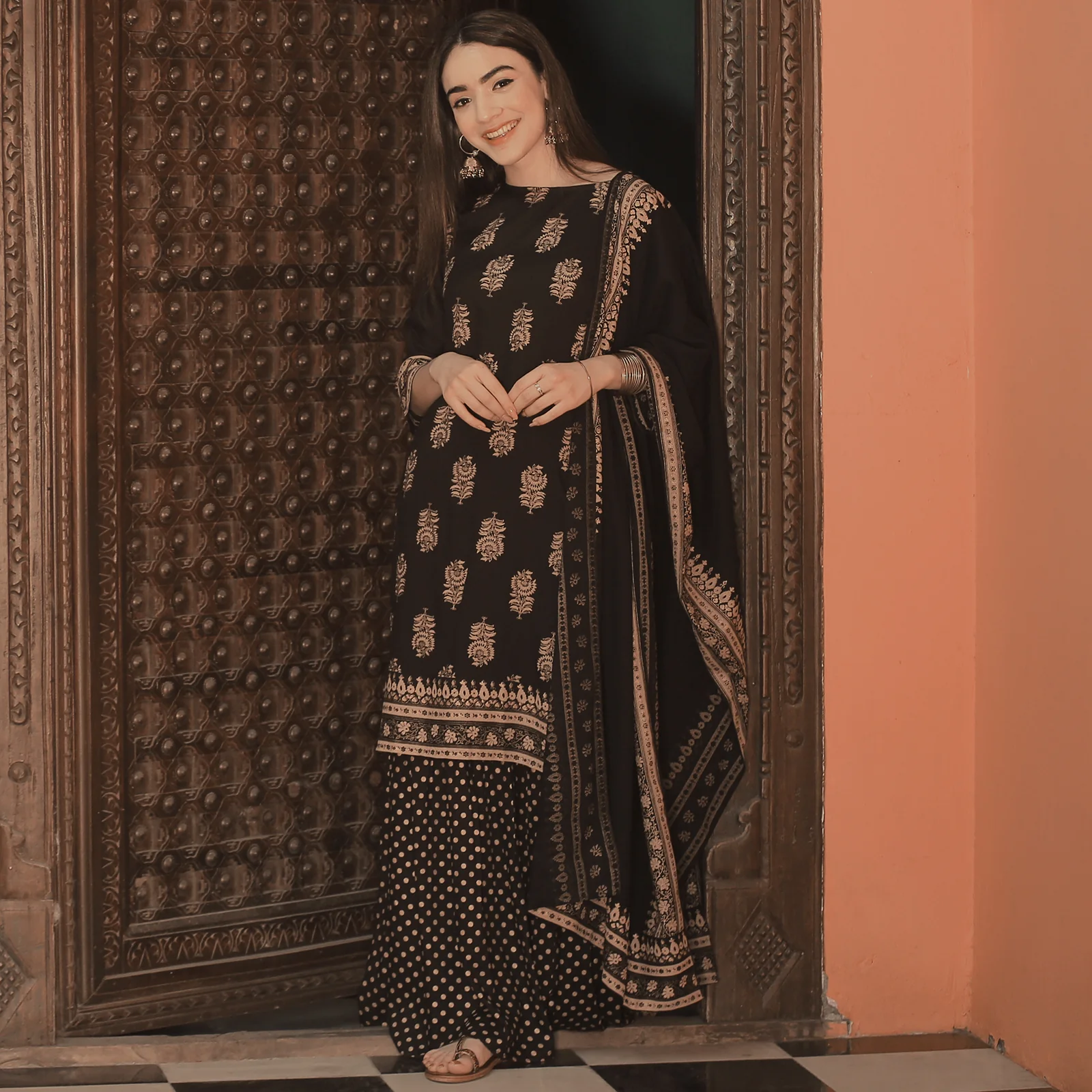 Black Festive Gold Gharara Kurta Set with Dupatta - Image 8