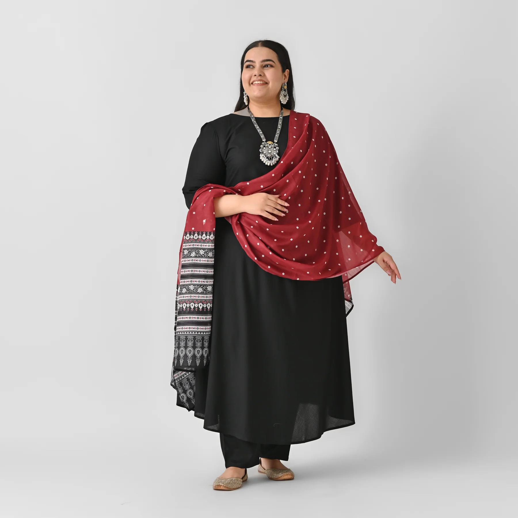 Black Flared Kurta Palazzo Set with Maroon Polka & Black Buta Dupatta - SOM - Image 3