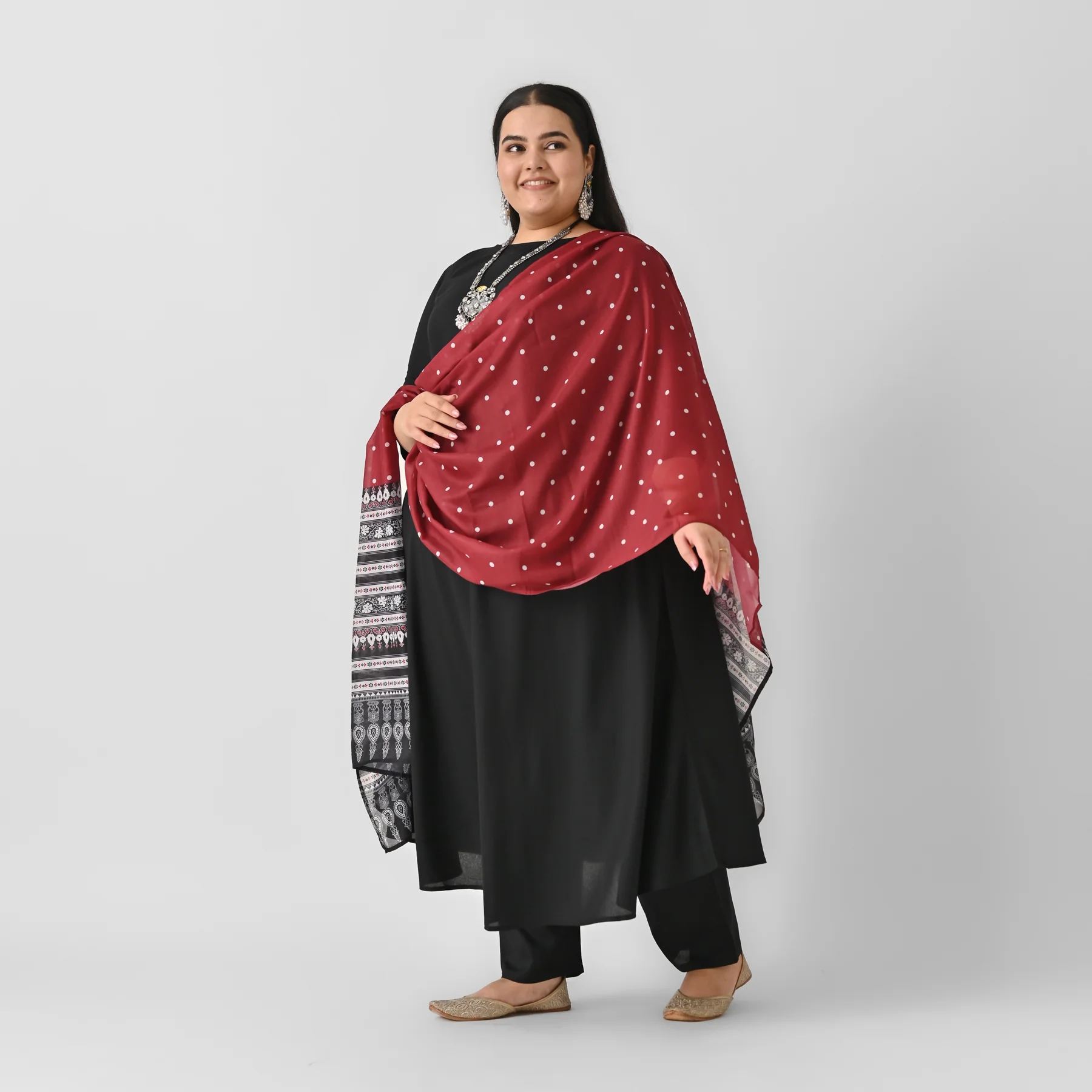 Black Flared Kurta Palazzo Set with Maroon Polka & Black Buta Dupatta - SOM - Image 4